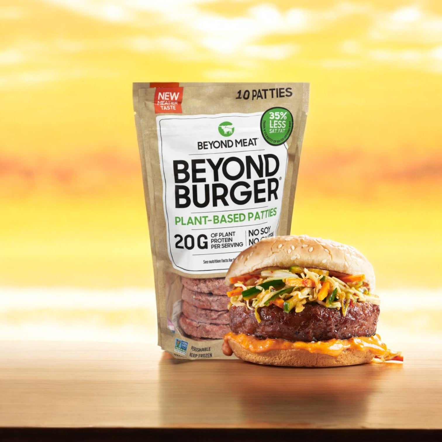 The Beyond Meat Beyond Burger package of plant-based patties, featuring 10 patties weighing 39.8 oz, is displayed next to a prepared burger on a wooden surface with a sunset background, offering an eco-friendly dinner choice.