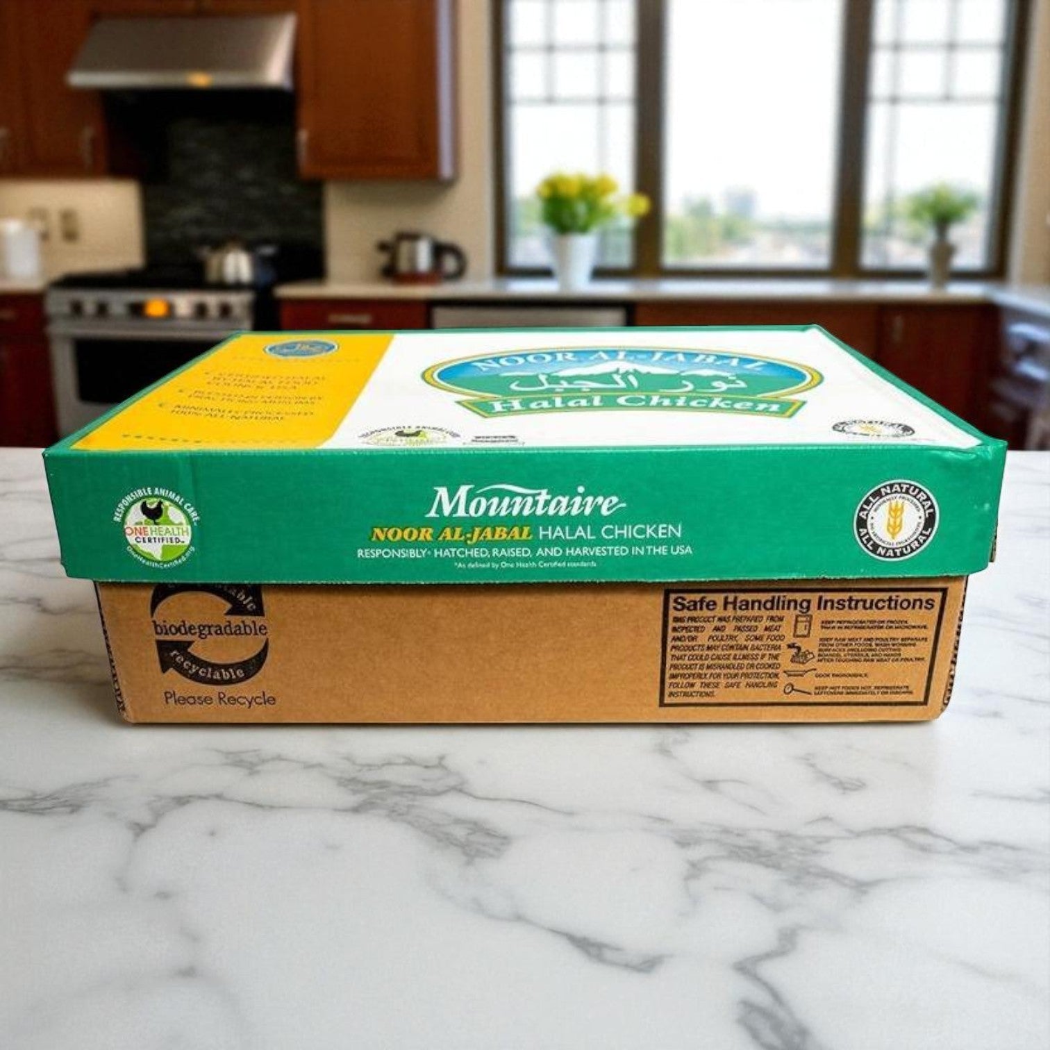A case of Restaurant Depot Boneless, Skinless Chicken Breasts, Halal – Approx. 40 lb, rests on a marble kitchen counter with visible safe handling instructions and recycling symbols.