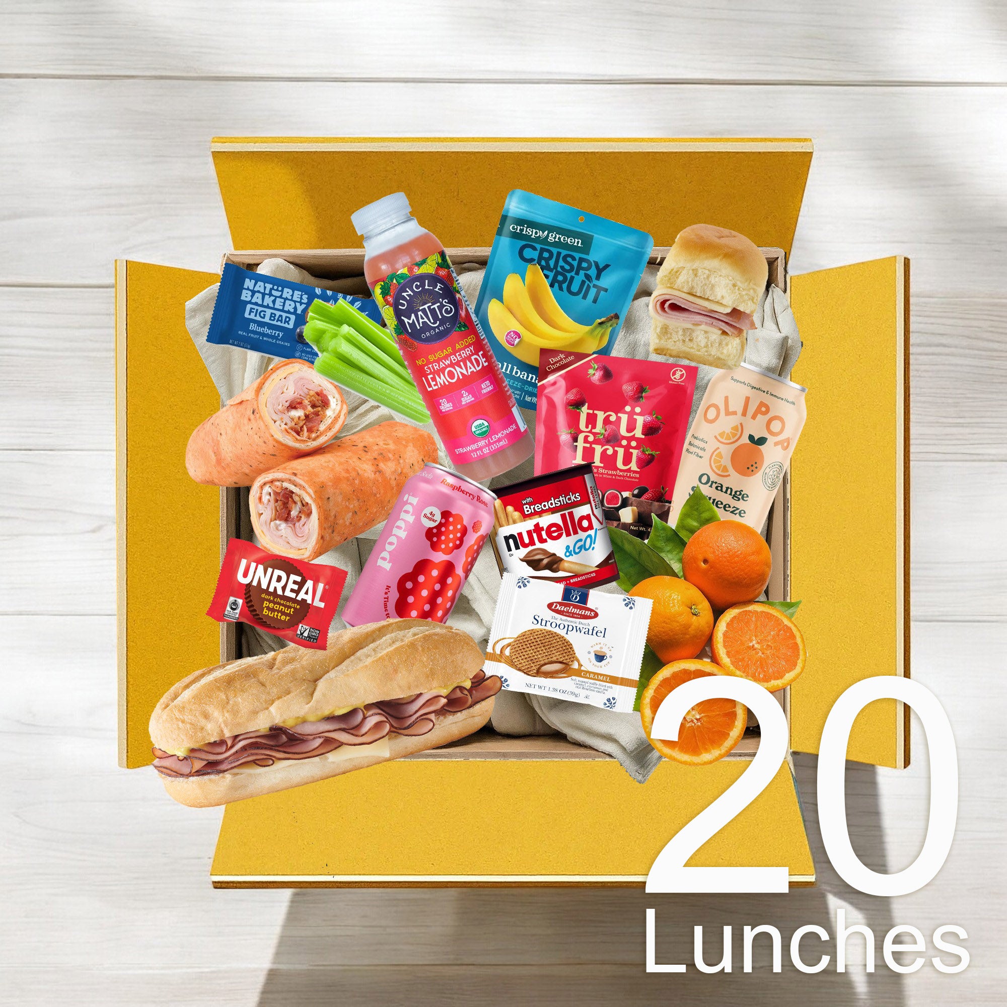 The yellow box, part of the Easy Lunches brand, contains an assortment of lunch items and snacks like a sandwich, wraps, fruit, nuts, cookies, and beverages. It features the text "20 Lunches" in the bottom right corner. Introducing the Teens 20 Lunch Bundle at just $6.99 per lunch—build your bundle to make lunchtime easy and save!