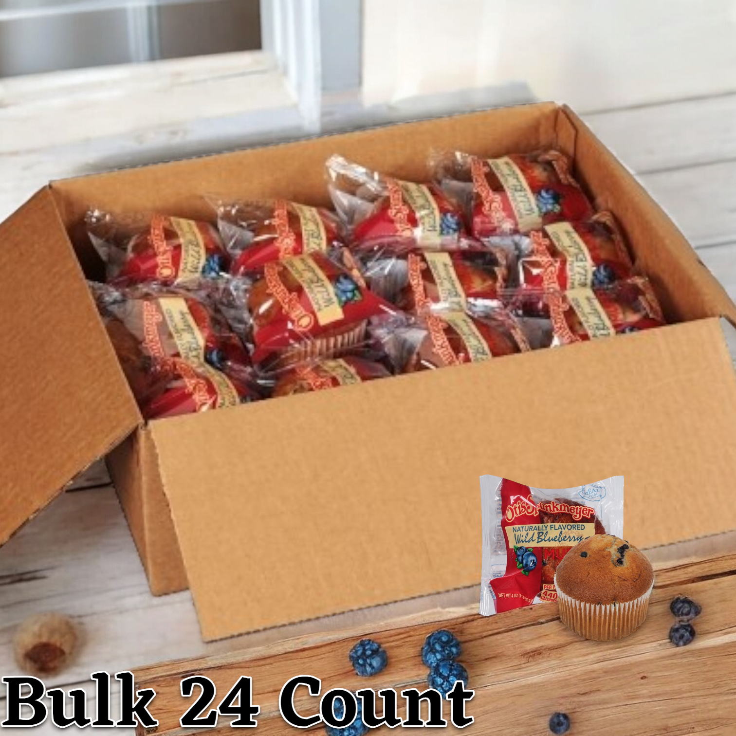 A 24 count case of Otis Spunkmeyer Individually Wrapped Wild Blueberry Muffins, each weighing 4 oz.