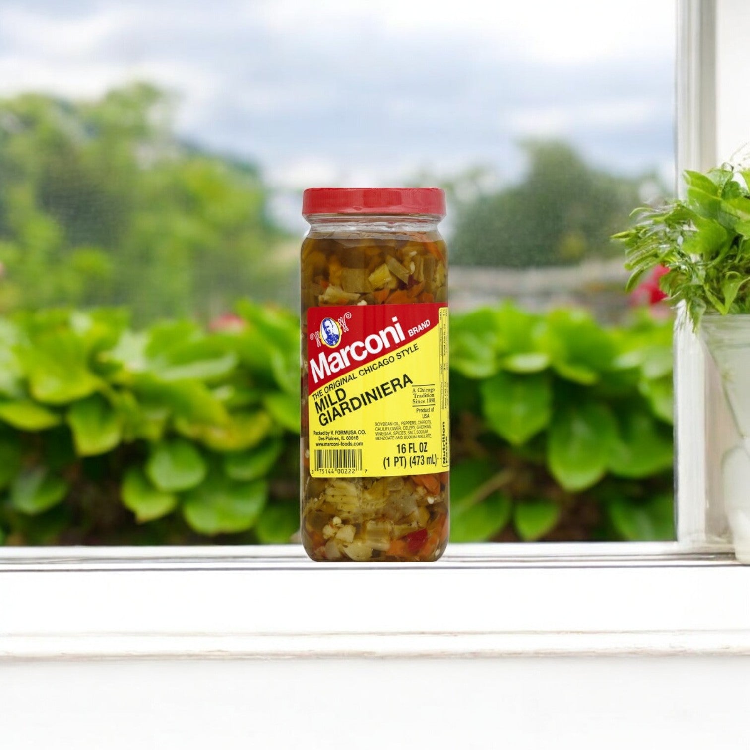 A jar of Marconi Mild Giardiniera sits on a white windowsill, embodying Chicago flavors. In the back, green plants sway gently under a cloudy sky—a perfect pairing for Easy Lunches' Buona Kit Combo!.