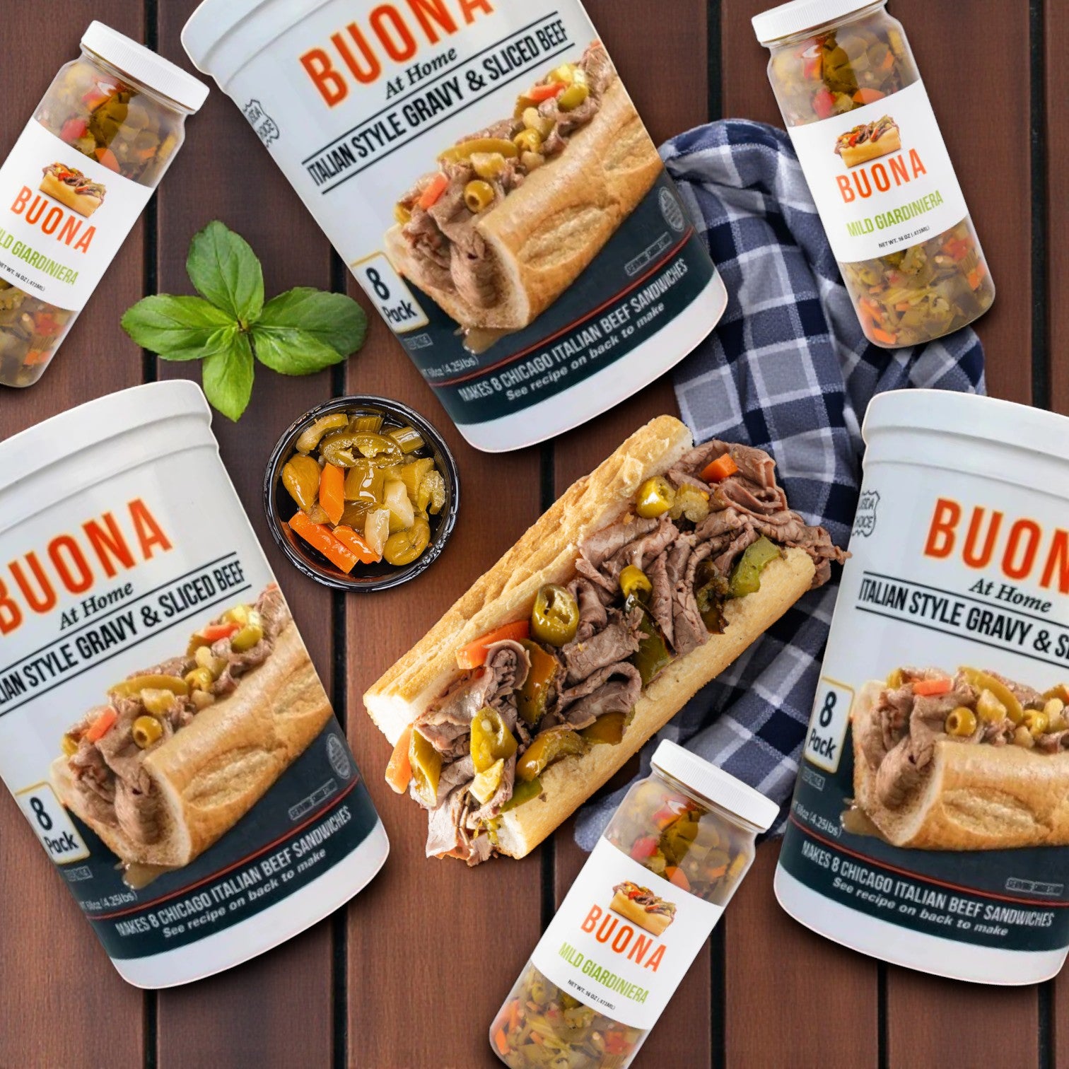 Buona Chicago Beef & Giardiniera Combo Pack – 3 Jars Mild Giardiniera (16 oz each) & 3 Tubs Italian Style Gravy with Sliced Beef (68 oz each)