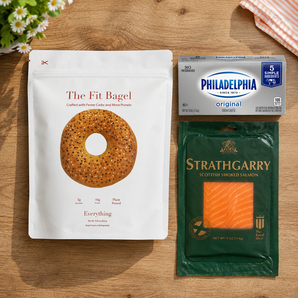 Smoked Salmon Everything Bagel Combo – Strathgarry Scottish Smoked Salmon, Philadelphia Cream Cheese & Fit Bagel, 3 Count Bundle