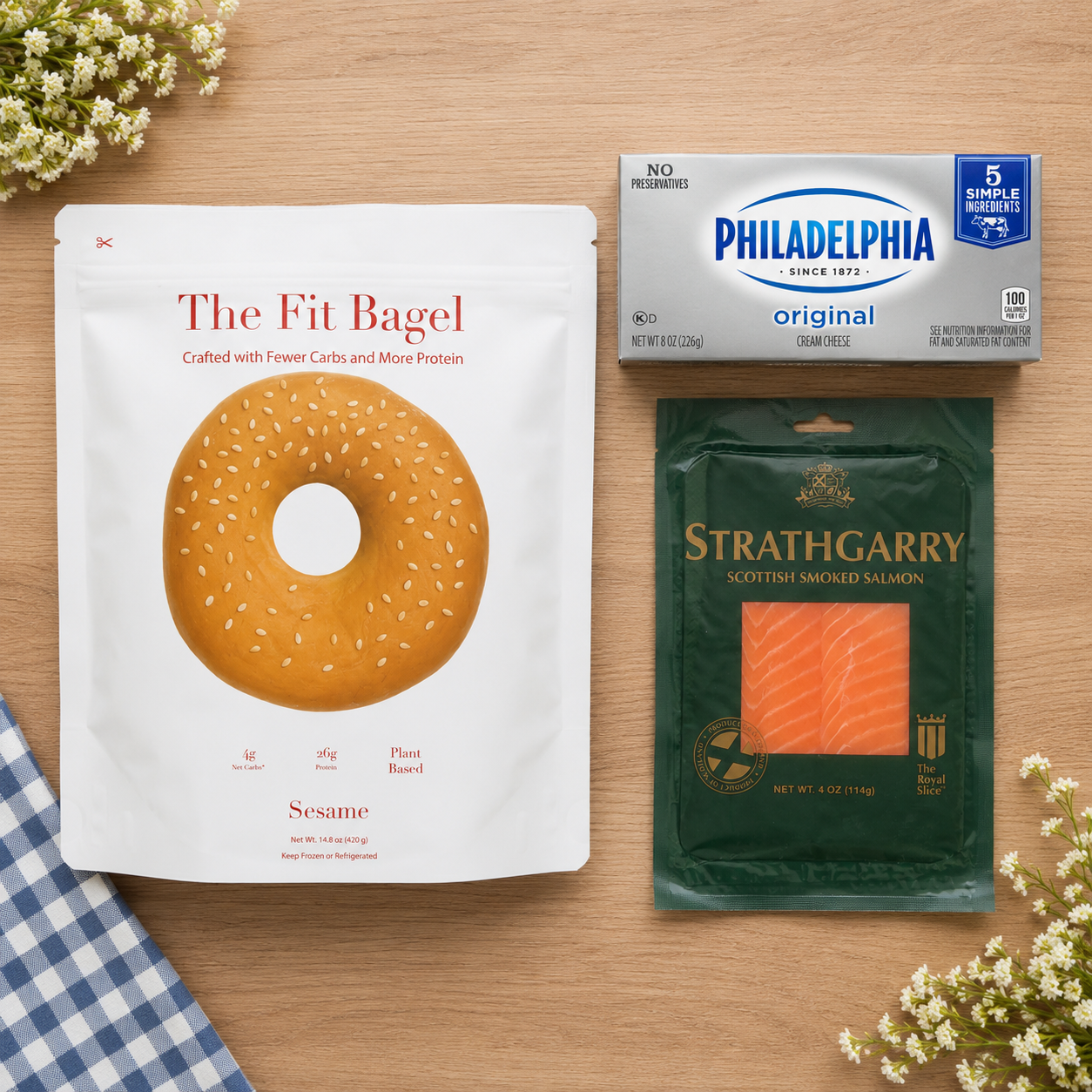 Smoked Salmon Sesame Bagel Combo – Strathgarry Scottish Smoked Salmon, Philadelphia Cream Cheese & Fit Bagel, 3 Count Bundle
