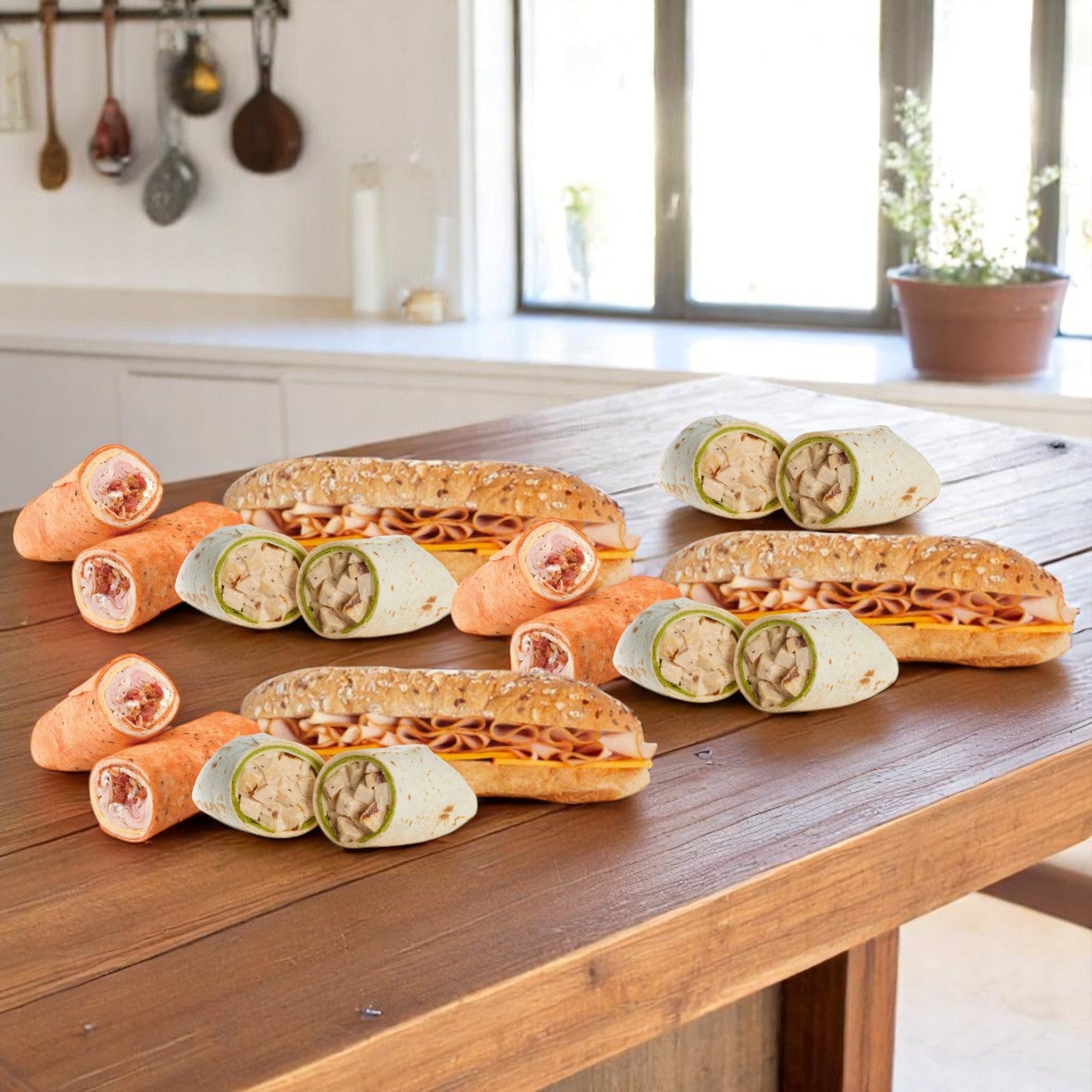 A kitchen table features an E.A. Sween 10-Pack Sandwich Variety Bundle, including Turkey Club sandwiches, Chicken Caesar Wraps, and Smoked Turkey Subs.