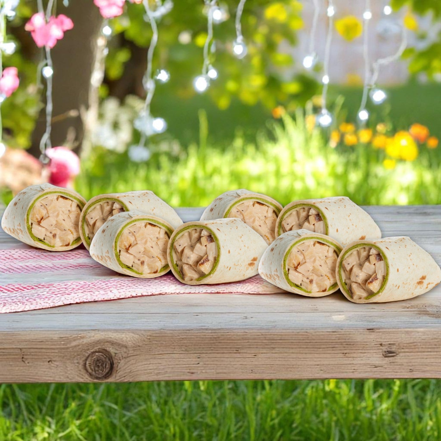 Six Chicken Caesar Wraps from the E.A. Sween 10-Pack Sandwich Variety Bundle are displayed on a pink cloth outdoors, with festive grass, flowers, and string lights in the background.