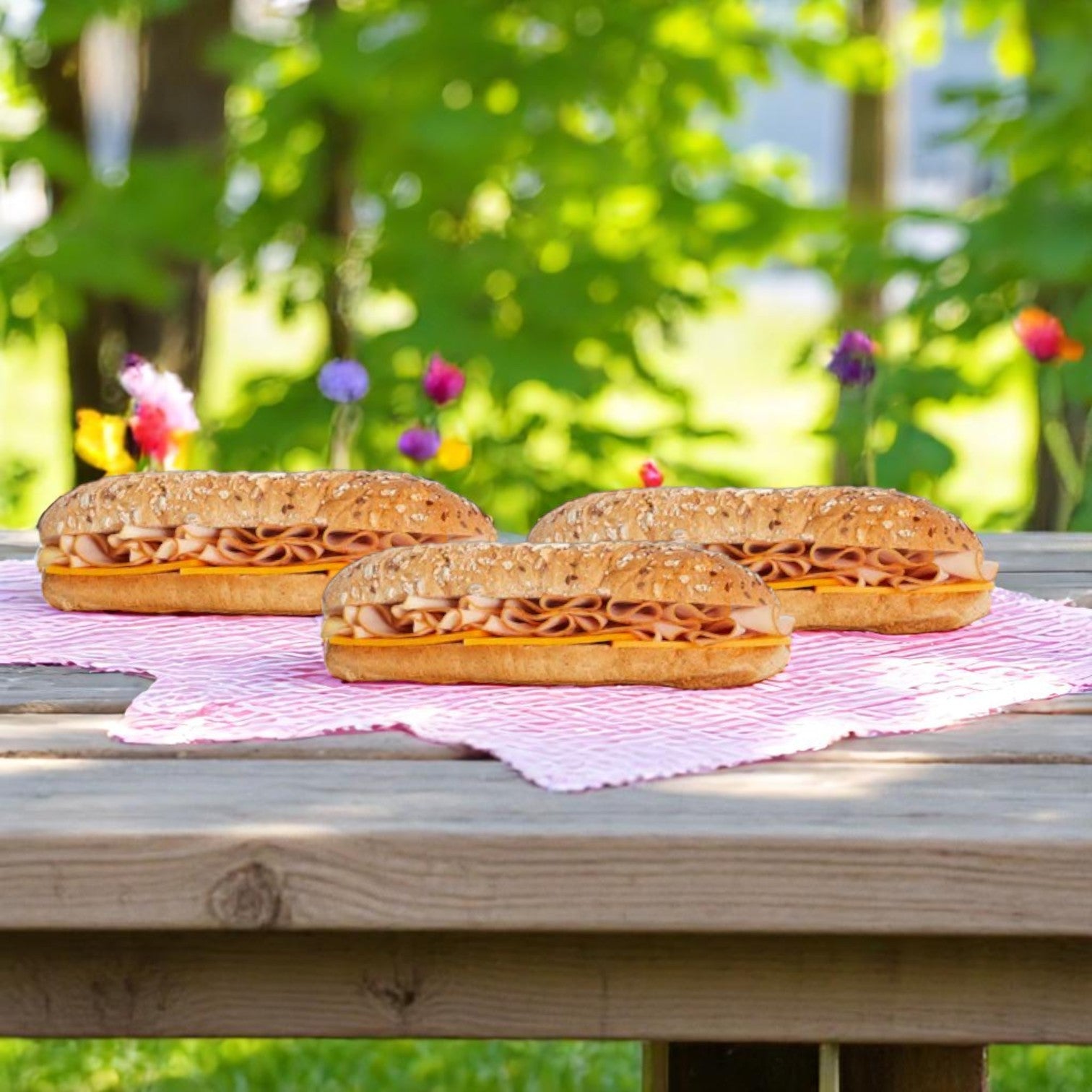 A 10-Pack Sandwich Variety Bundle from E.A. Sween, featuring Turkey Club, Chicken Caesar Wraps, and Smoked Turkey Subs, is arranged on a pink checkered cloth atop a wooden picnic table outdoors.