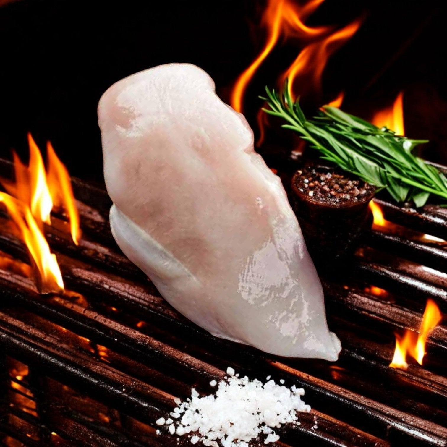 Mino Prime Steaks' One, All Natural Chicken Breast is grilling to perfection with a sprinkle of salt and rosemary. High in protein, it promises a delicious, nutritious meal.