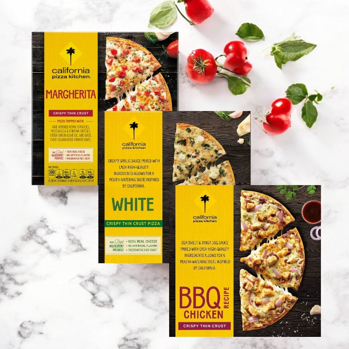 California Pizza Kitchen Bundles feature three enticing thin crust pizzas – BBQ Chicken, White, and Margherita – each box brimming with gourmet flavors accentuated by fresh tomatoes and basil leaves.