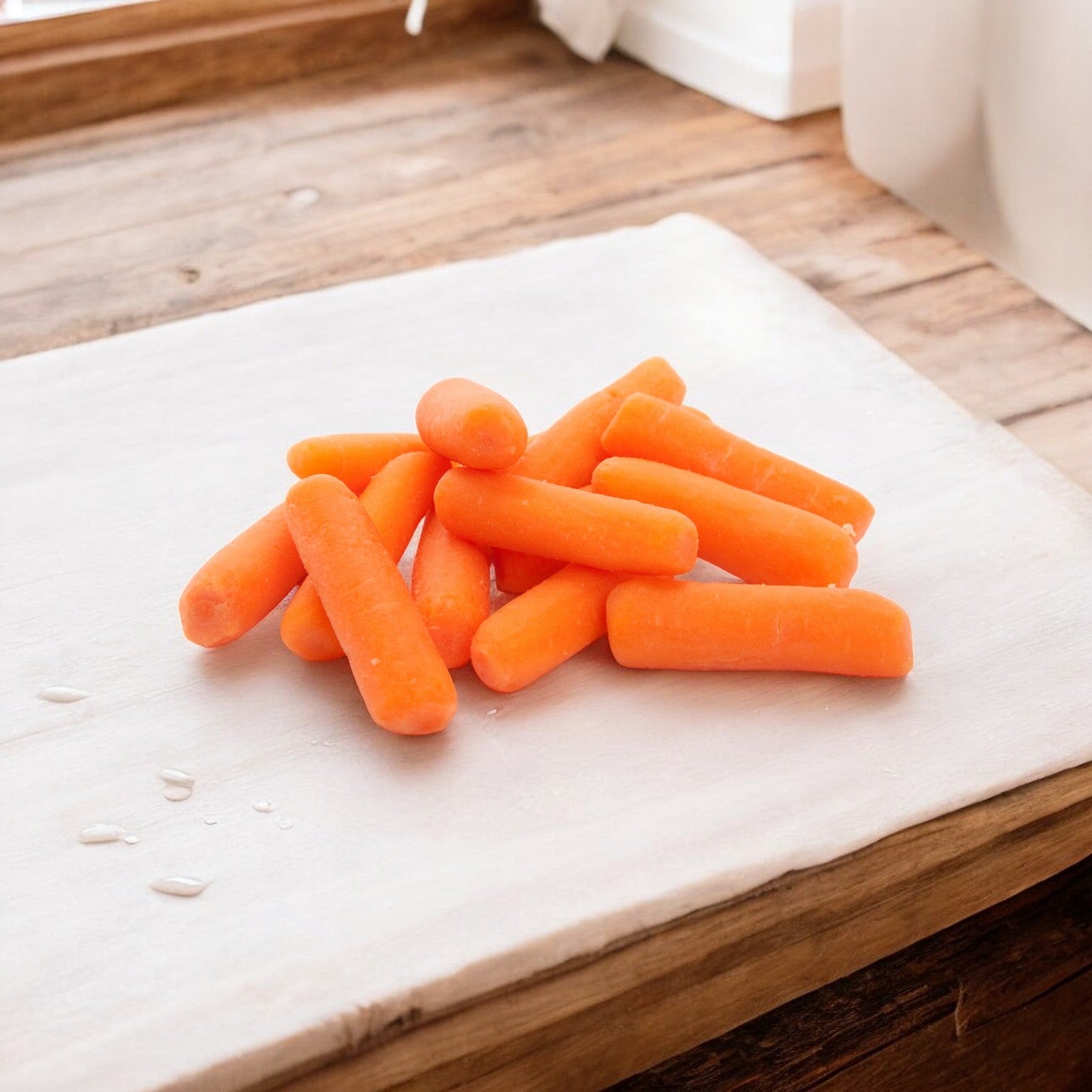 A small pile of Easy Lunches 1lb Baby Peeled Carrots, a perfect low-calorie snack rich in vitamin A, rests on a white cloth atop a wooden surface.