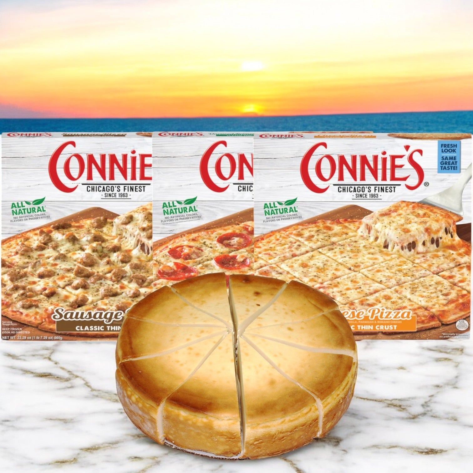 Connie's 3 Bundle Pizza with a 14 Slice Plain Cheese Cake! 1 Thin Sausage, 1 Thin Pepperoni, 1 Thin Cheese Pizza and 1 Plain Cheese Cake! - 4 Total Items!