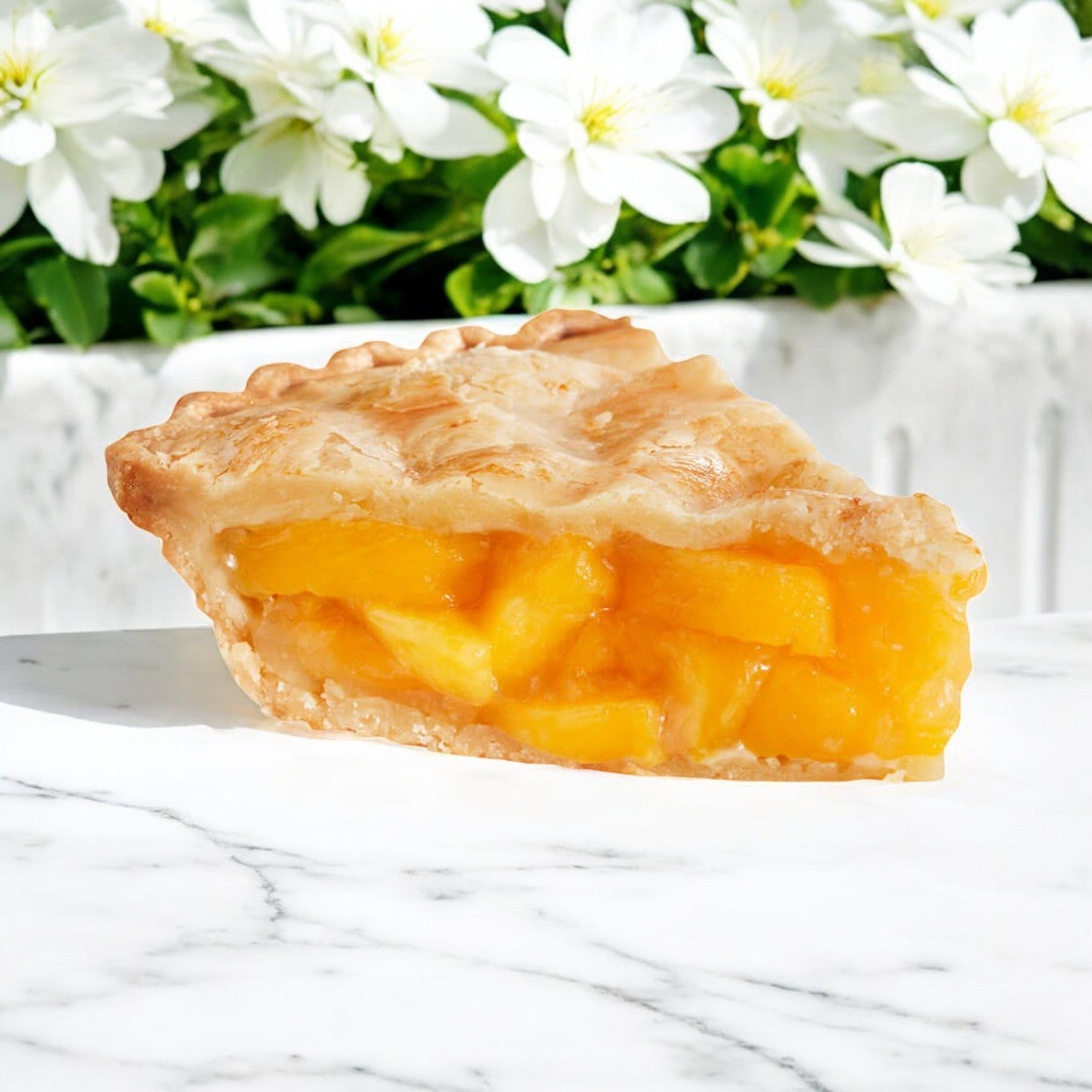 A slice of Chef Pierre Peach Pie, 46 oz., rests on a marble surface with its flaky crust enveloping a sweet, juicy filling. White flowers bloom softly in the background, enhancing the pie’s delicate allure.