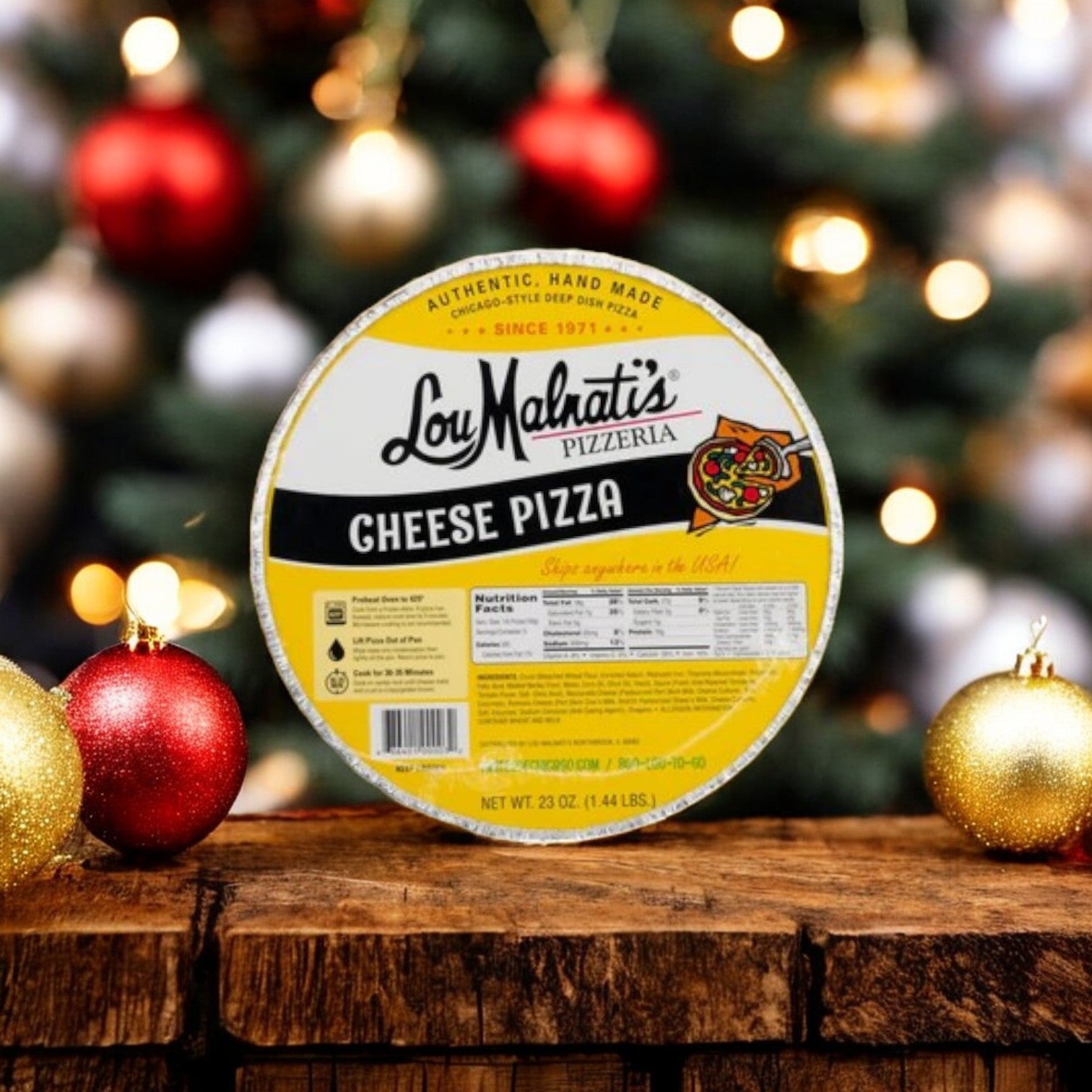 A Chicago's 3 Pack Sampler! from Easy Lunches is displayed on a wooden surface, with a blurred Christmas tree and decorations in the background. This beloved selection captures the essence of Chicago flavors, perfect for festive gatherings.