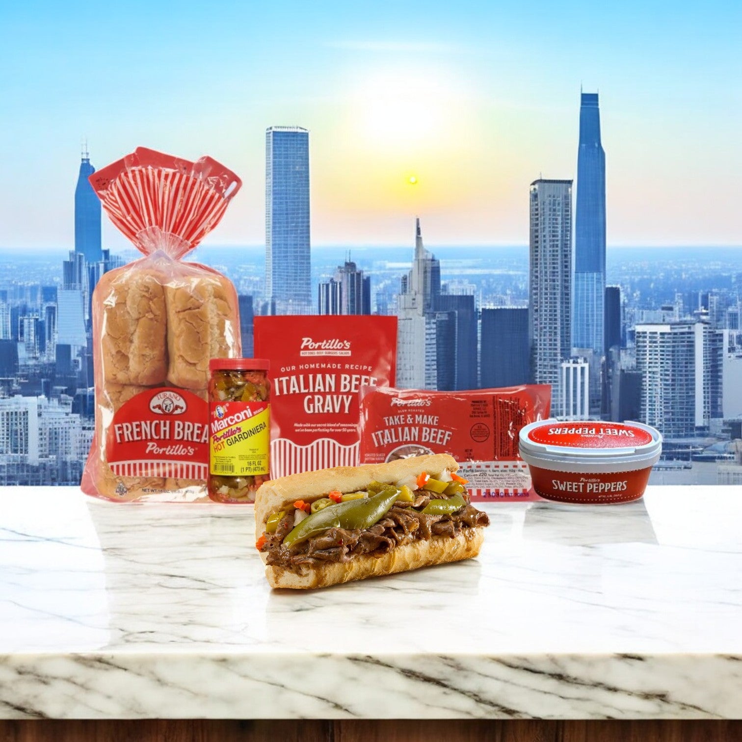 Portillo's 8 Italian Beef Combo & Vienna 16 Pack Hot Dog Kit from Easy Lunches showcased on a marble surface with a Chicago-style skyline backdrop.