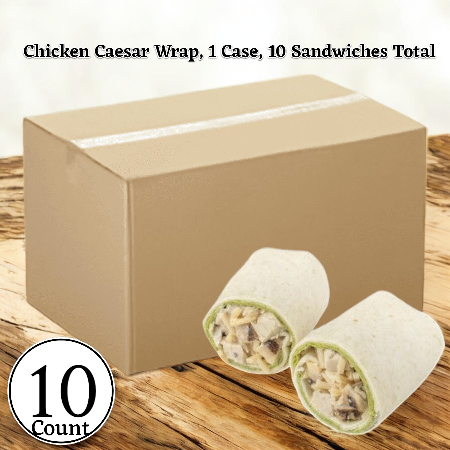 A cardboard box labeled "Chicken Caesar Wrap, 1 Case, 10 Wraps" from E.A. Sween showcases an image of two delicious Chicken Caesar Wraps in front. The wraps are drizzled with Caesar dressing and sprinkled with Parmesan cheese. A "10 Count" label is displayed in a circle in the bottom left corner.
