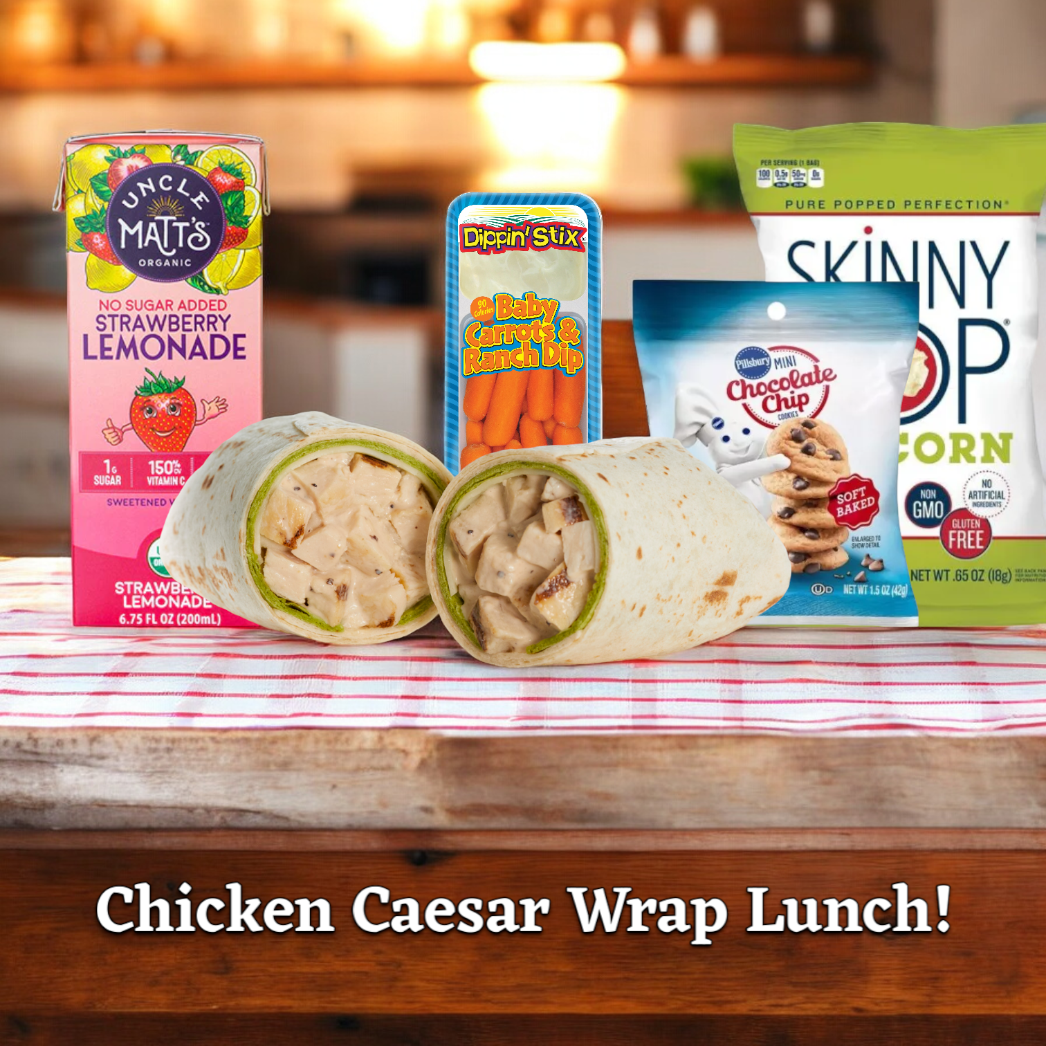 Indulge in the Easy Lunches' Chicken Caesar Wrap Lunch! Savor a delectable chicken caesar wrap, crispy Skinny Pop popcorn chips, Phillsbury mini chocolate chip cookies, fresh carrots paired with ranch dip, and a dreamy sip of Uncle Matt's strawberry lemonade. Enjoy this perfectly balanced meal with five total items!