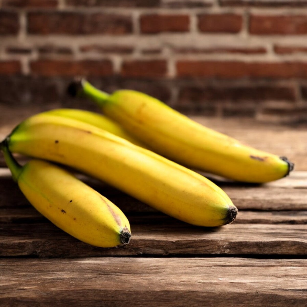 Three ripe, Easy Lunches Organic Bananas from a 4 lbs pack are lying on a rustic wooden surface with a brick wall in the background, ready to be enjoyed as a nutritious snack.