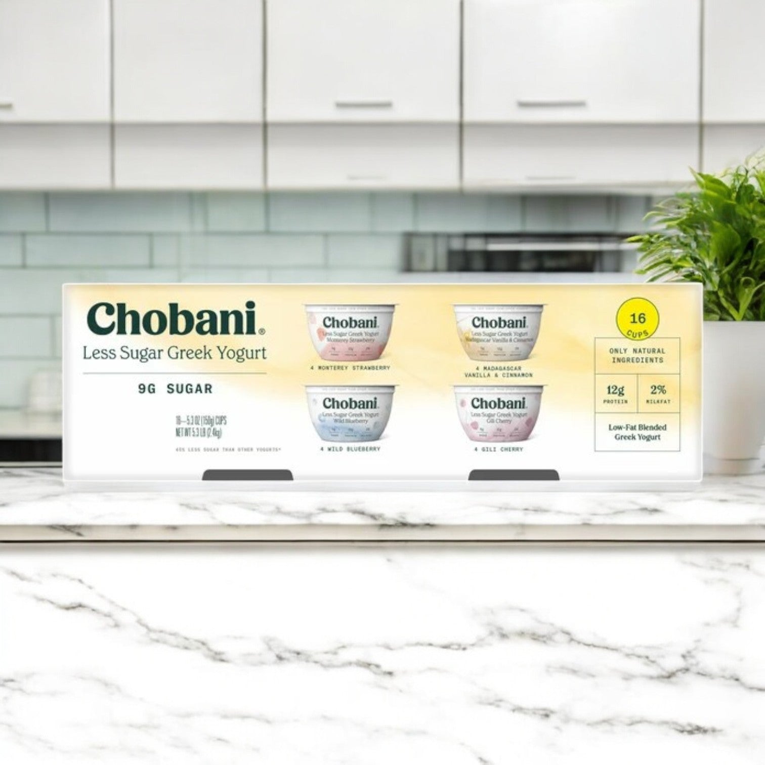 The Chobani Less Sugar Greek Yogurt Pack, 5.3 oz., 16 Count features four flavors on a marble countertop in your kitchen. With high protein and no added sugar, it's an ideal treat for balance and nutrition seekers.