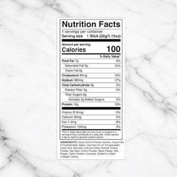 Nutrition Facts label showing values for 1 serving (32g) of Chomps Venison Stick - Pepper - Salt, including 100 calories, 7g total fat, 15mg cholesterol, 360mg sodium, 10g protein, and 0g total carbohydrates.