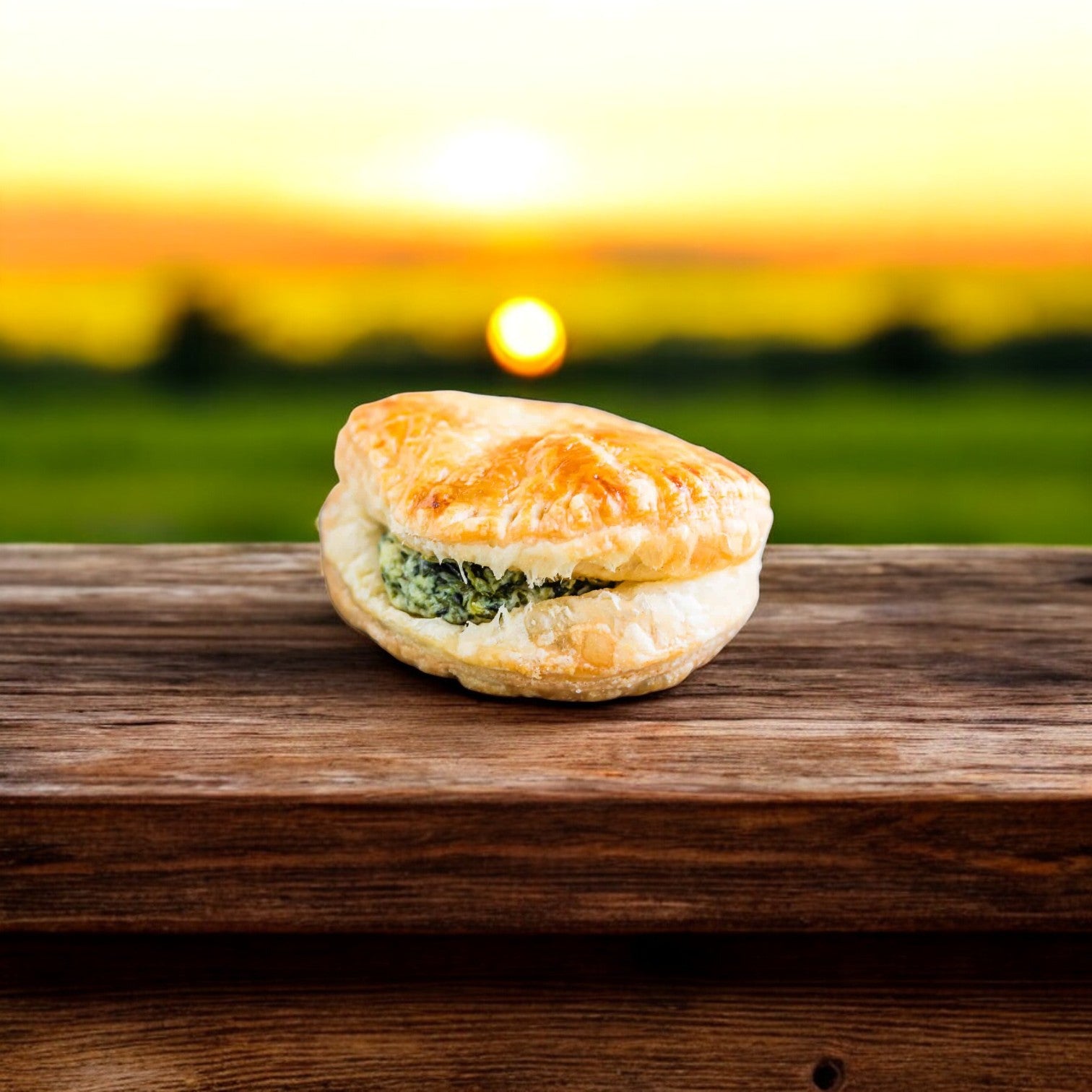 Clara's Kitchen Four Cheese Spinach Handpie sits on a wooden surface, its flaky crust bathed in the warm sunset hues.