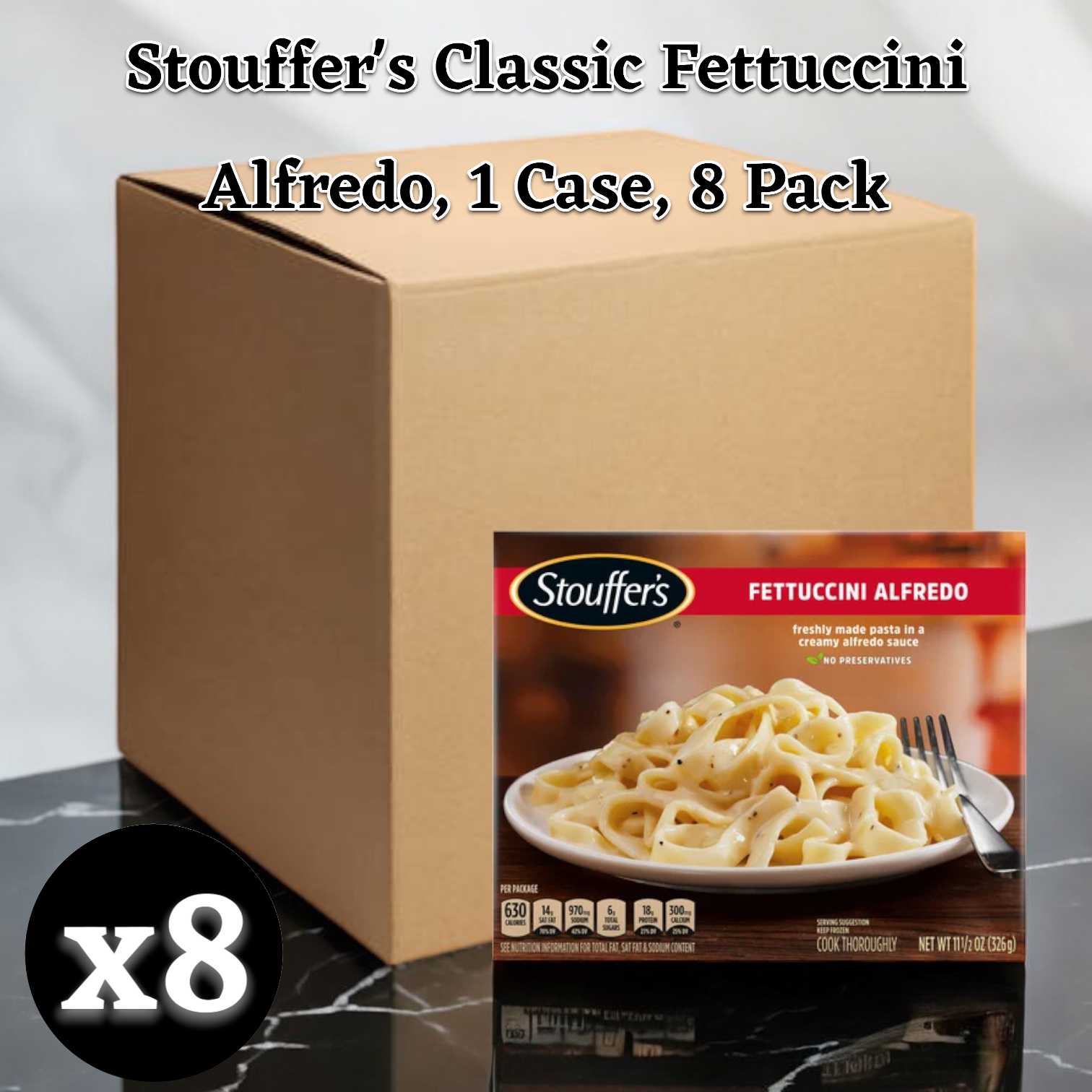 Box and Stouffer's Fettuccini Alfredo package. Text: "Stouffer’s Fettuccini Alfredo, 11.5 oz., 8 Count with Rich and Creamy Alfredo Sauce, 1 Case." Lower left: "x8" symbol.