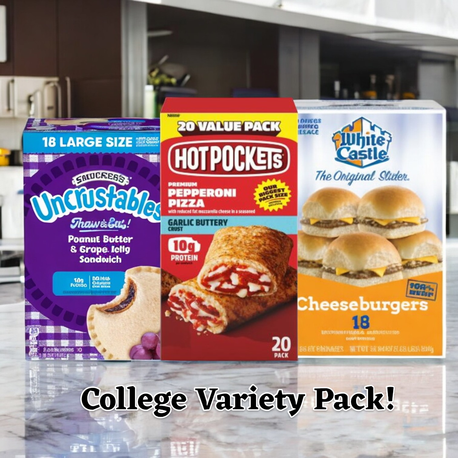 Boxes of 20 Hot Pockets, 18 White Castle cheeseburger sliders, and 18 Uncrustables grape jelly sandwiches on a kitchen countertop with the text "College Meal Pack! Total of 56 items!" at the bottom.