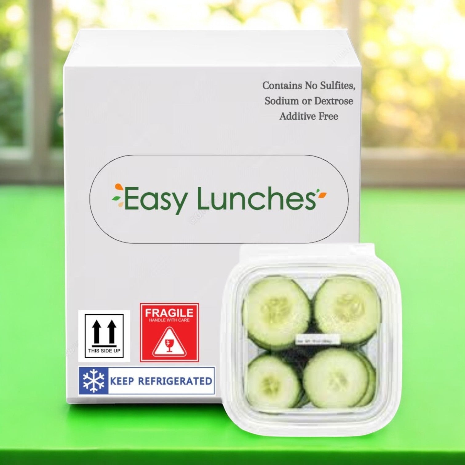 On a green surface, an Easy Lunches box with "Sliced Cucumber, 2.5 oz. - 50 Count - Made to Order! 7 Days Shelf Life" sits beside freshly sliced cucumbers boasting "Contains No Sulfites, Sodium or Dextrose," offering a hydrating snack perfect for health-conscious eaters.