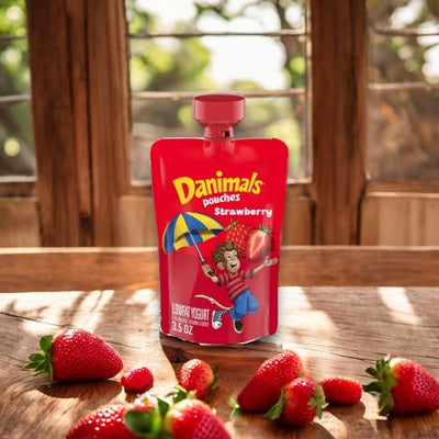 A 3.5 oz Danimals Strawberry Pouch from Dannon rests on a wooden table, encircled by fresh strawberries, in a sunlit room with a window in the background. These convenient snacks are perfect for any time of day.