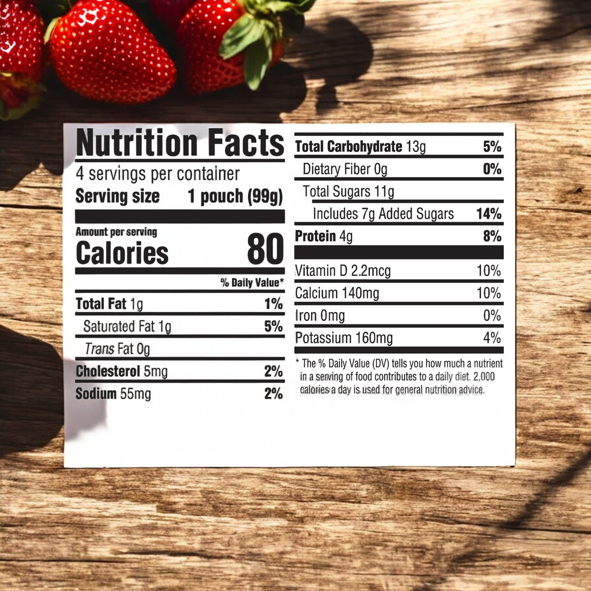 A nutrition facts label on a white paper, placed on a wooden surface with strawberries partially visible in the top left corner. The label details serving size, calorie count, and nutrients per serving for the Danimals Strawberry Pouch - 3.5 oz - 1 Count by Dannon—a convenient squeezable yogurt pouch perfect for snacks.