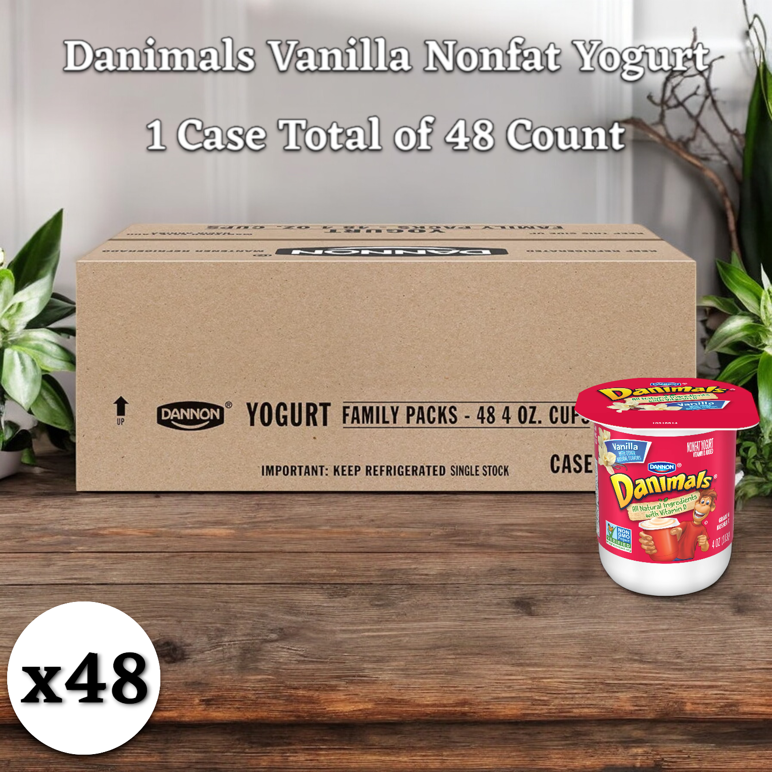 A case of Dannon's Danimals Vanilla Nonfat Yogurt, a kid-friendly snack, containing 48 four-ounce cups is displayed. One yogurt cup is shown separately on the right.