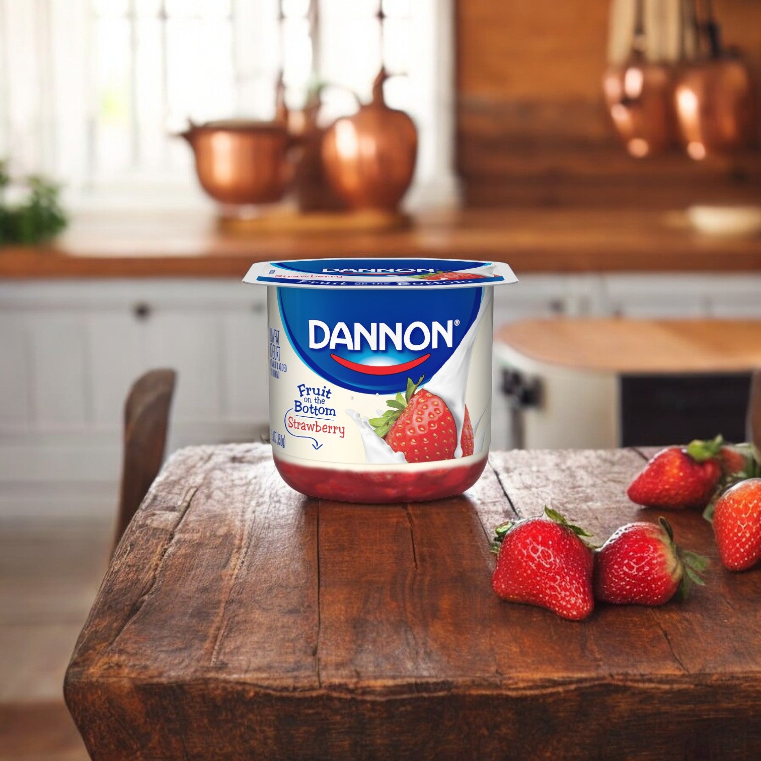 A container of Dannon Fruit on the Bottom Strawberry Low Fat Yogurt, 5.3 oz., sits on a wooden table surrounded by fresh strawberries in a cozy kitchen setting.