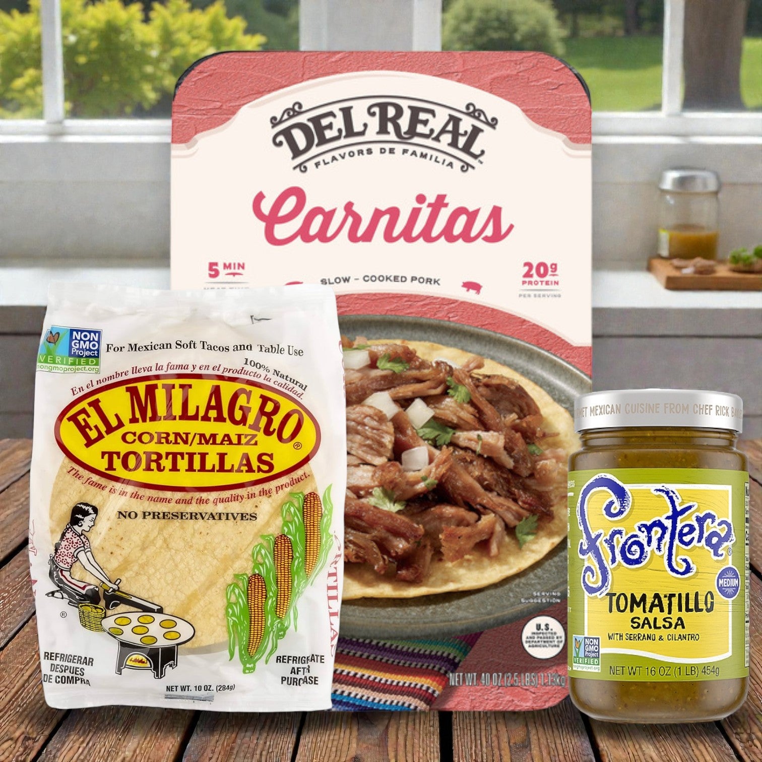 Del Real Foods Carnitas Bundle Meal!  Milagro Corn Tortillas, Del Real Foods Carnitas & Frontera Tomatillo Salsa