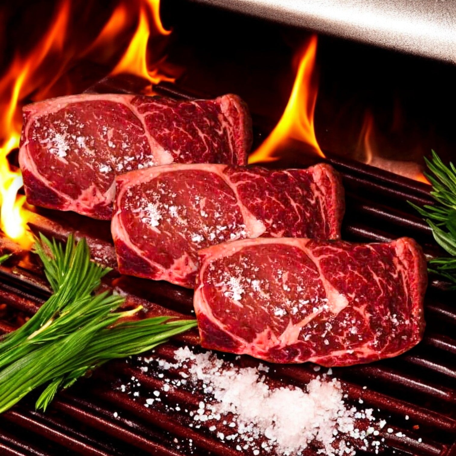 Three Mino Prime Steaks 16 oz “Steegs Cut” Delmonico Ribeye, seasoned with salt, sizzle on the grill amid fresh rosemary and coarse salt as flames dance around, enhancing the savory aroma of this gourmet experience.