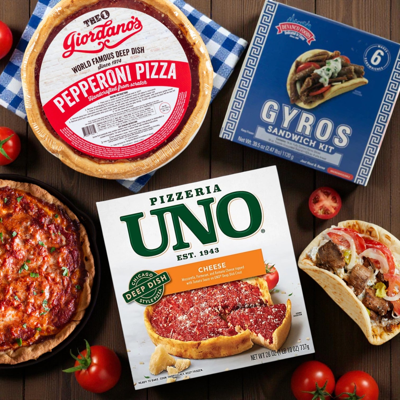Devanco Foods 6-Pack Gyro Kit (2.47 lbs) + Giordano’s 10" Stuffed Deep Dish Pizza + Uno Chicago Style Deep Dish Cheese Pizza (26 oz)