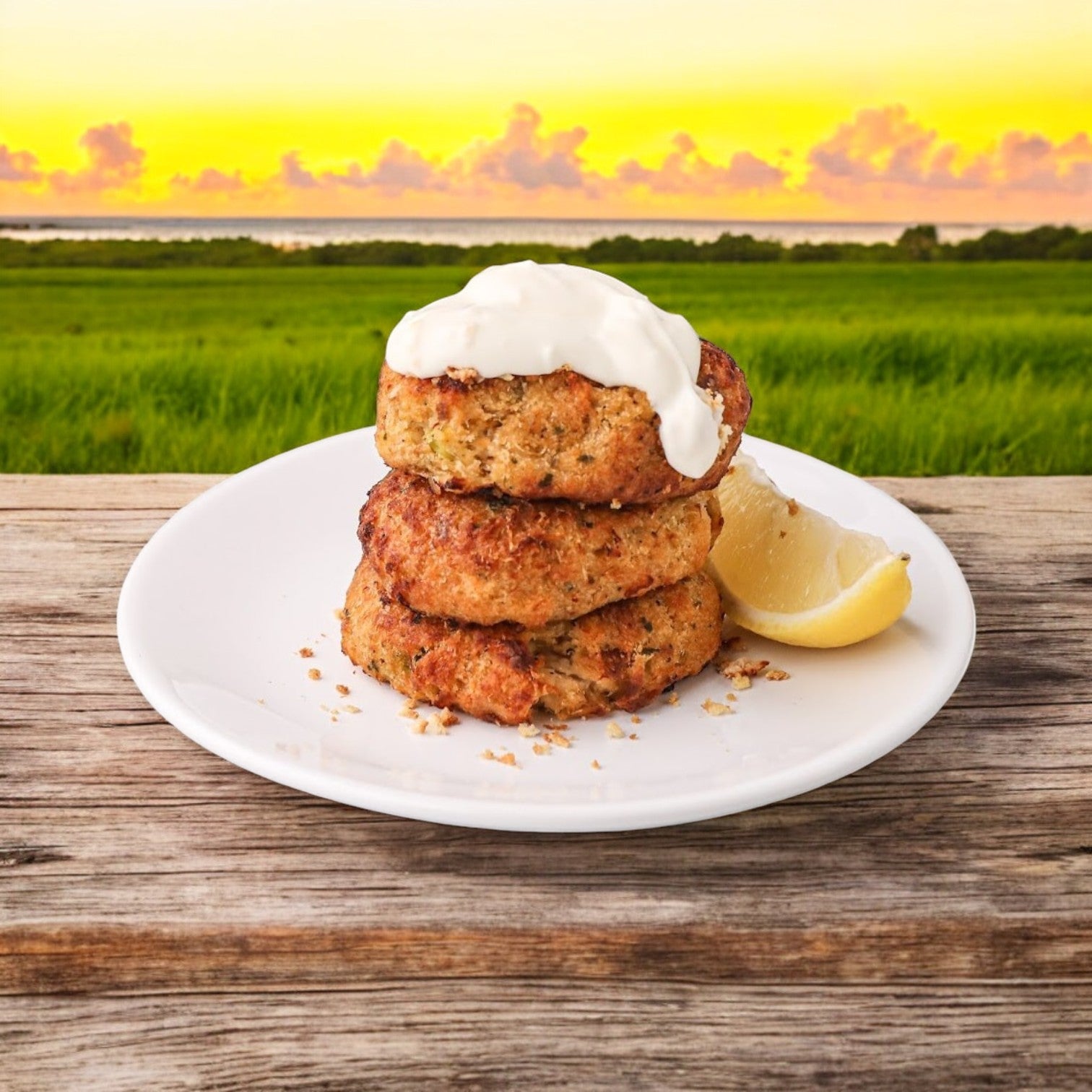 Three exquisite lobster cakes made with high-quality ingredients, topped with sour cream on a pristine white plate, accompanied by a fresh lemon wedge. The background features a grassy field under a breathtaking sunset sky.