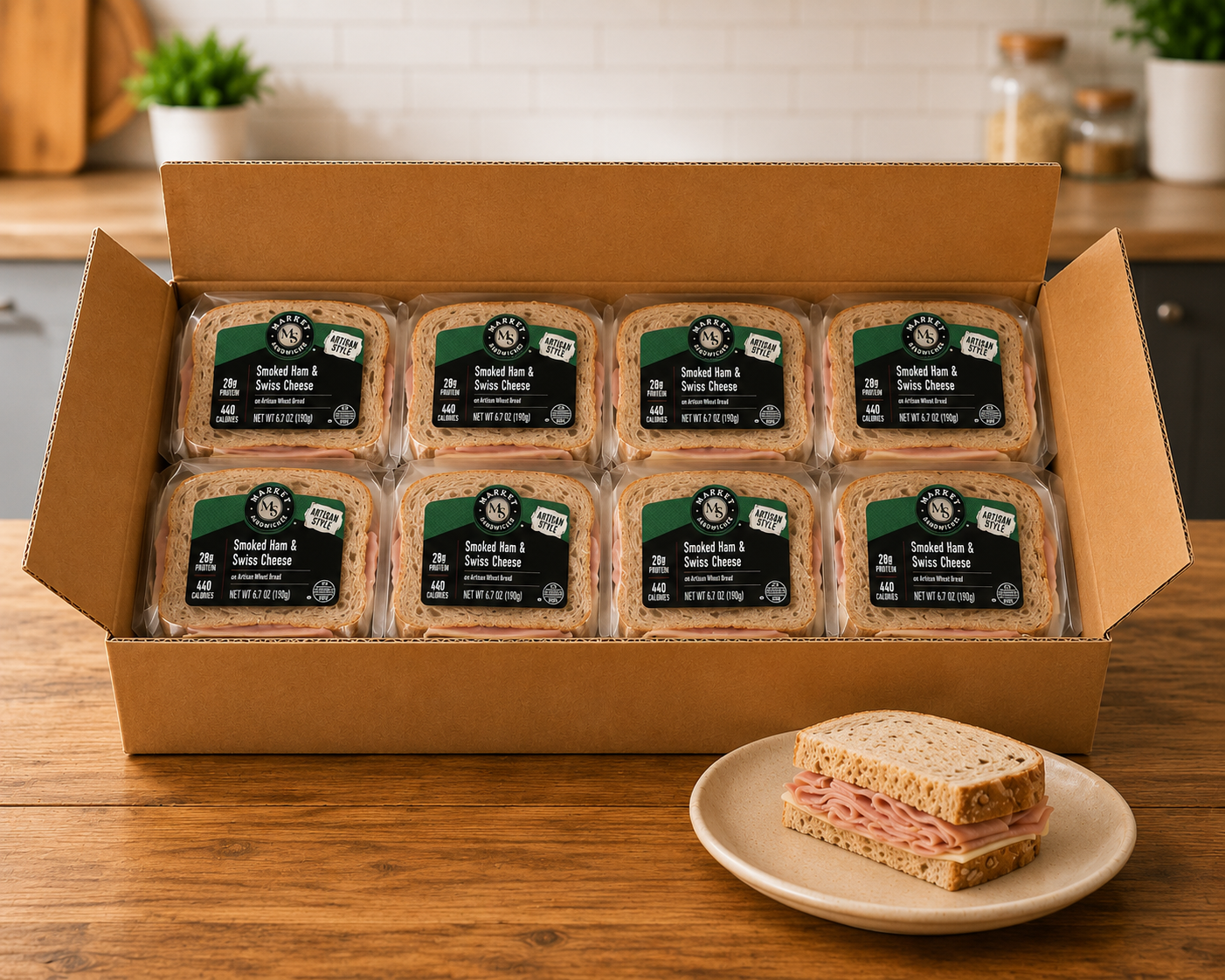 Ham & Swiss sandwich on rustic oat-topped wheat bread, 1 Case, 8 Count-Ships Frozen And Once Out of the Freezer 30 Days Shelf Life in the Cooler!!