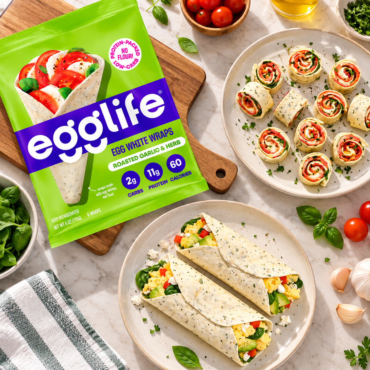 egglife Roasted Garlic & Herb Egg White Wraps — 3 Packs × 6 Count