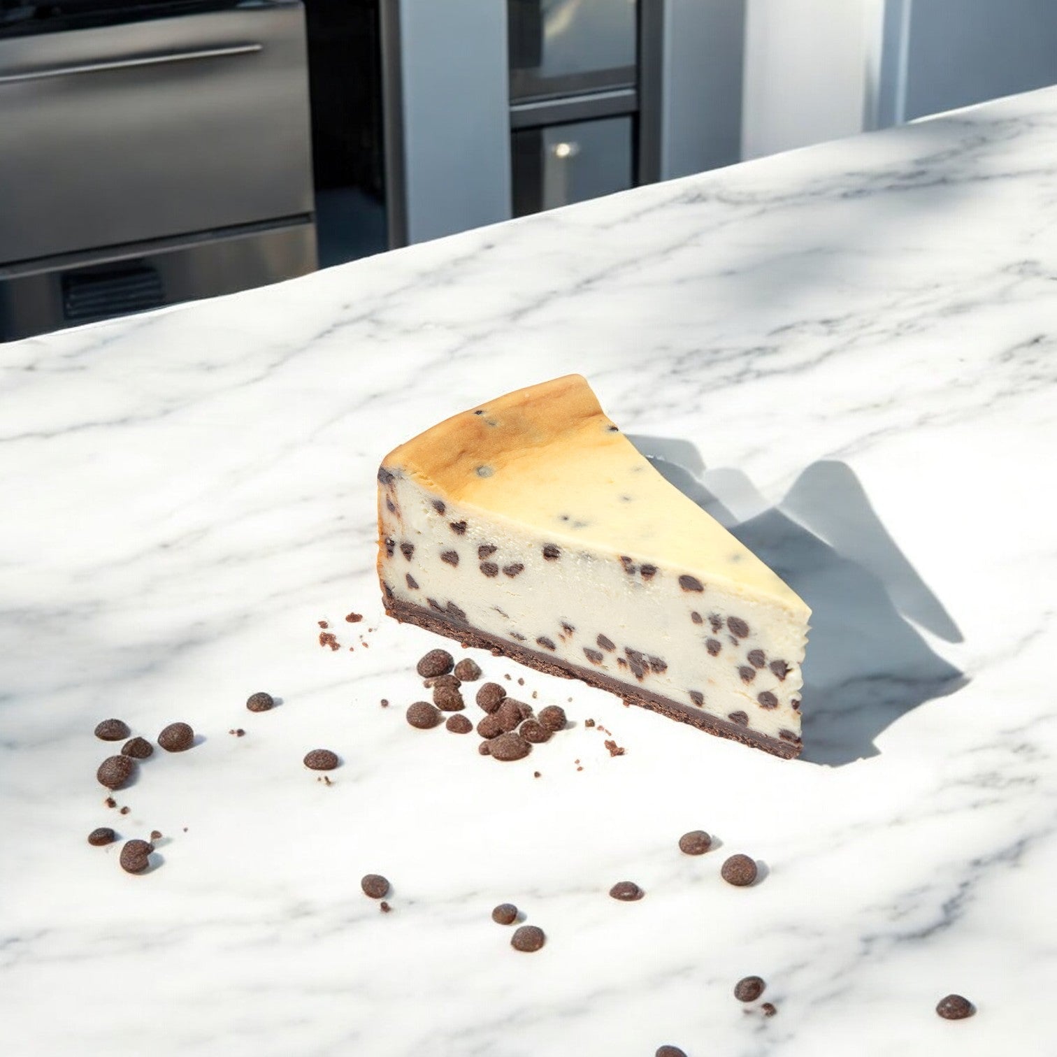 A slice of Eli's Cheesecake Chocolate Chip Cheesecake Single Serve, 3 oz. - 1 Count, sits on a marble countertop with scattered chocolate chips around it.