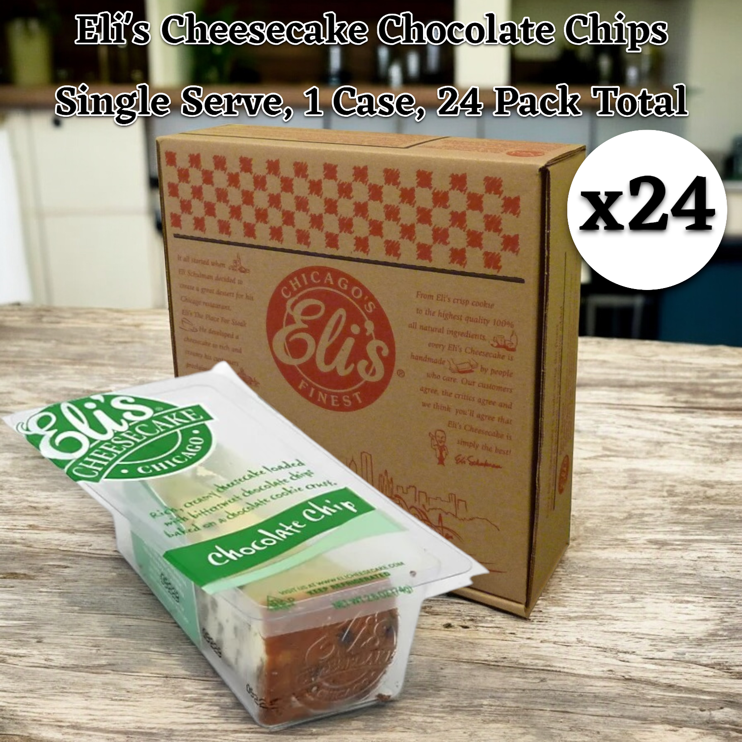 Eli's Cheesecake Chocolate Chip Single Serve, 3 oz., 24-count case is perfect for any rustic kitchen, offering a delightful single-serve dessert experience.