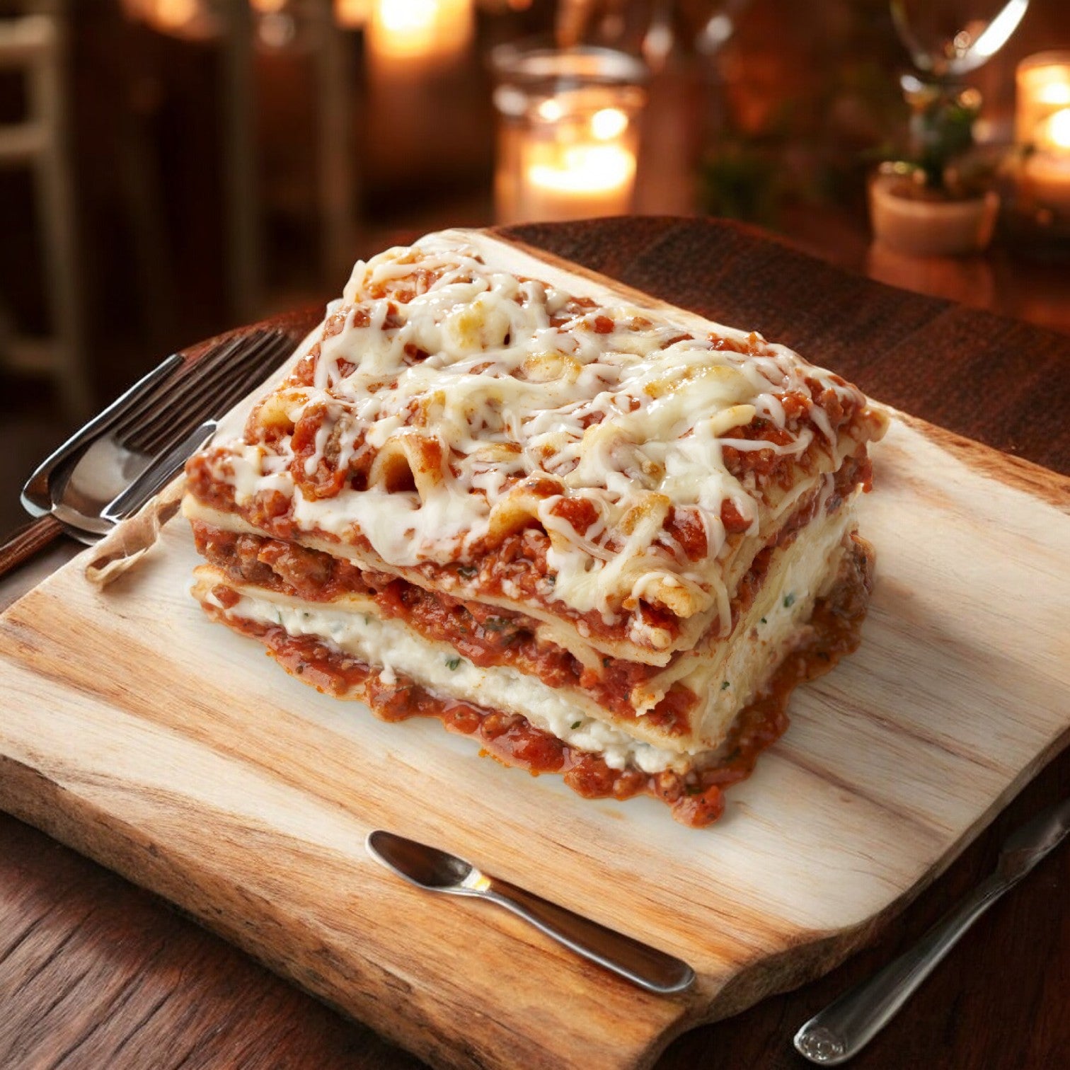 A Sysco Classic Lasagna Entree Meat (6 lbs.) featuring layers of cheese, savory meat sauce, and tender pasta rests on a wooden board with a fork and knife beside it, while candles glow softly in the blurred background.