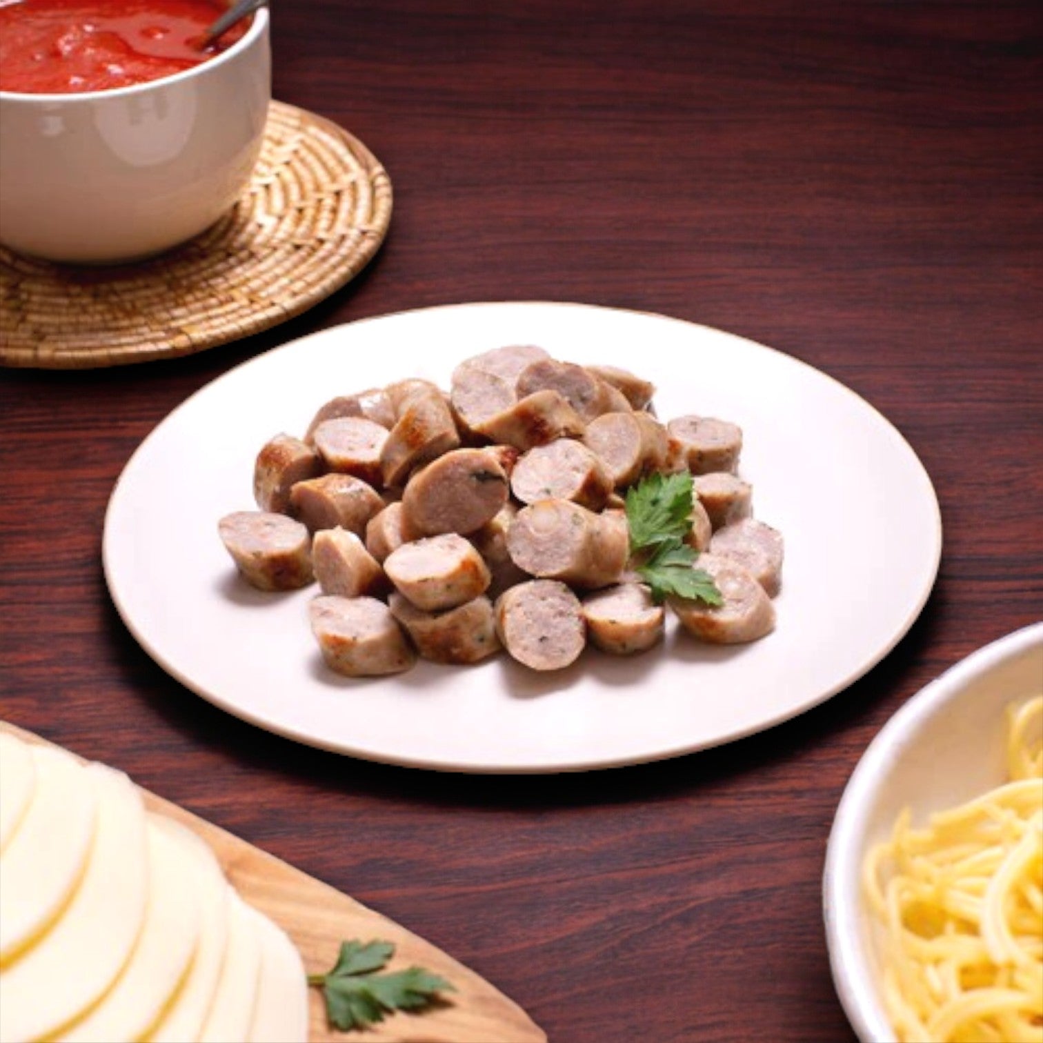 Esposito's sweet sausage pinwheels with provolone and parsley are artfully arranged on a wooden table, accompanied by bowls of tomato sauce and pasta.