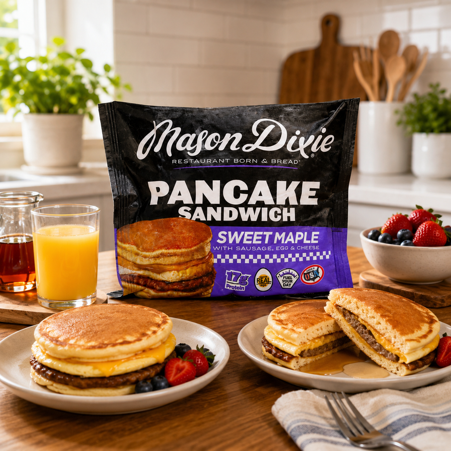 Mason Dixie Sweet Maple Pancake Sandwich with Sausage, Egg & Cheese – 1 Count