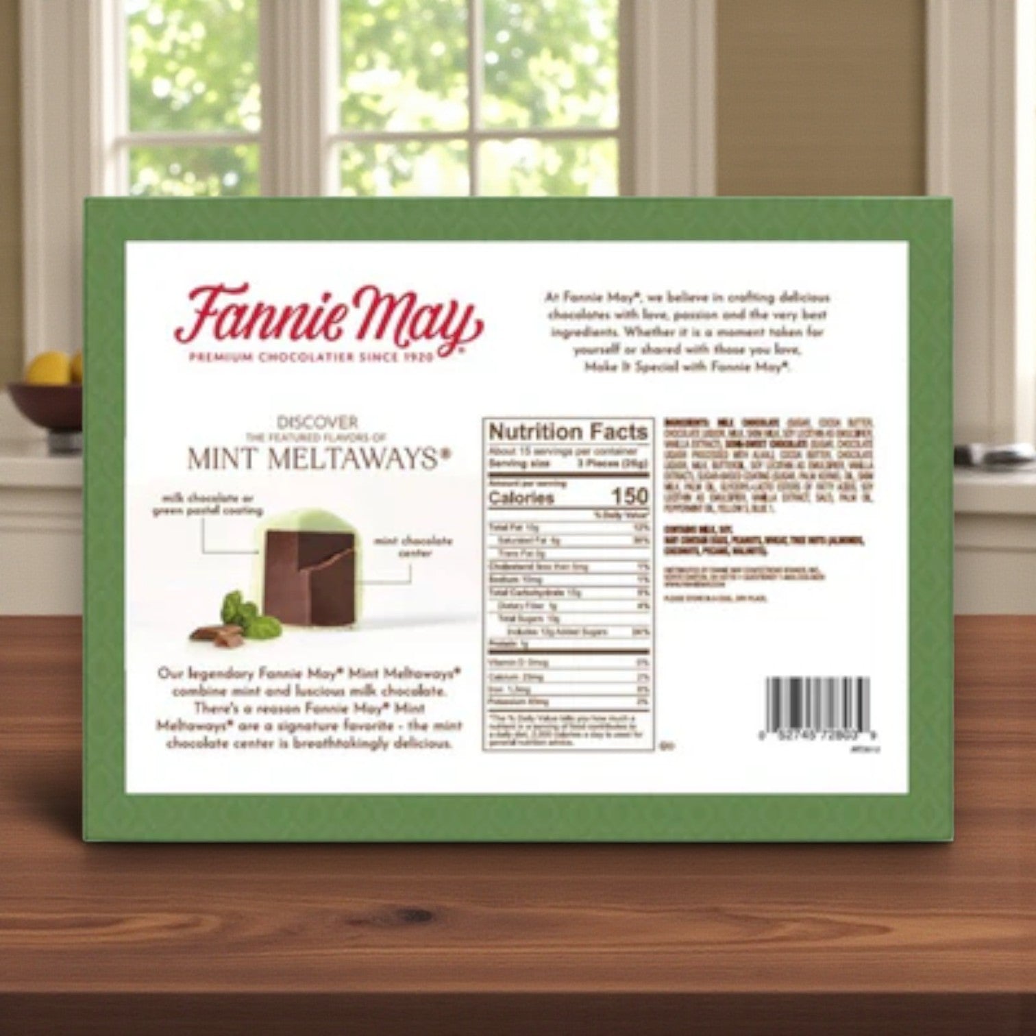 A box of Fannie May Mint Meltaways on display highlights product details and tempting mint chocolate images—perfect for enjoying alone or paired in the Fannie May Chocolate Combo Pack – Pixies & Mint Meltaways (2 Count).