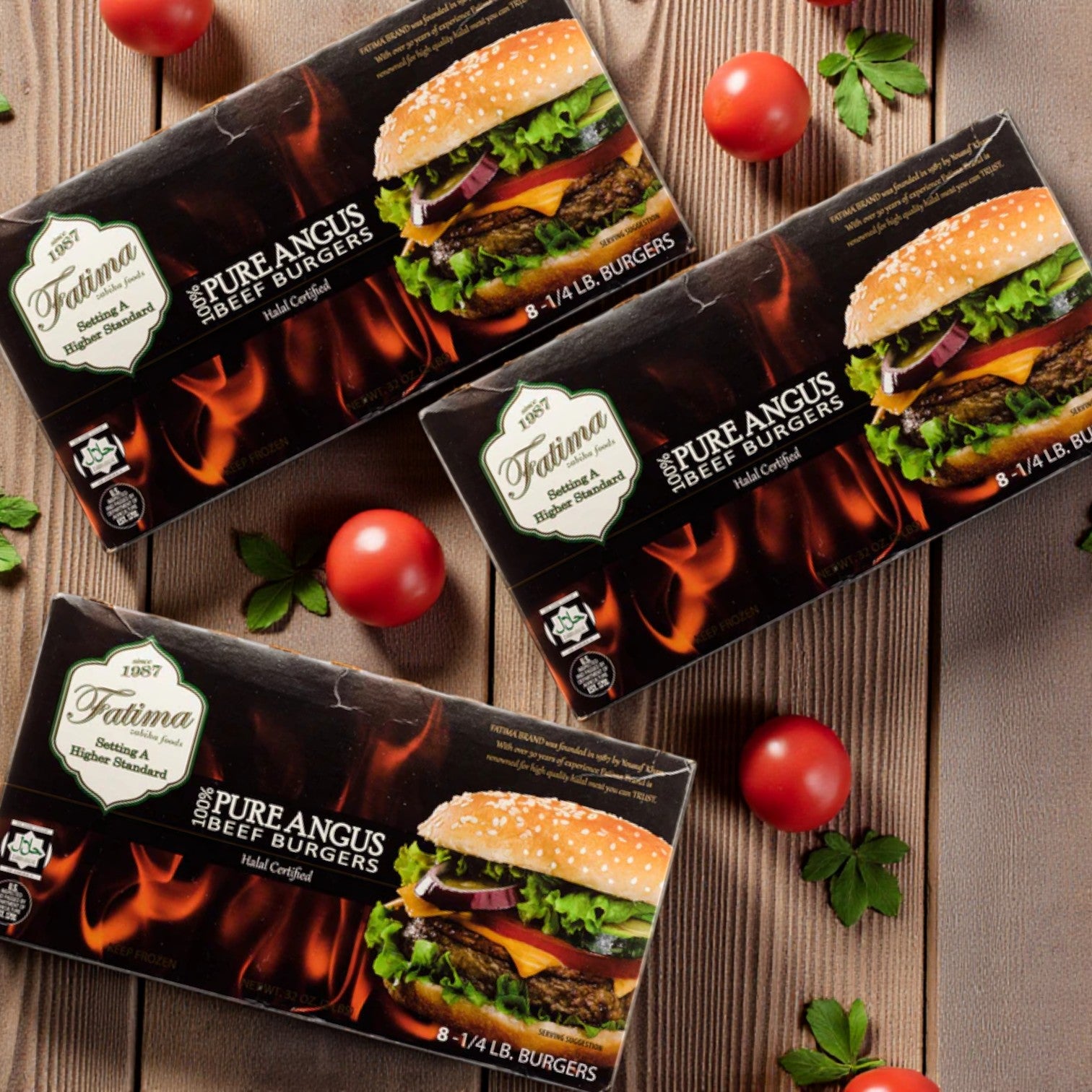 Fatima 100% Pure Angus Halal Beef Burgers – Halal Certified, 8 × 1/4 lb Patties (3 Pack)