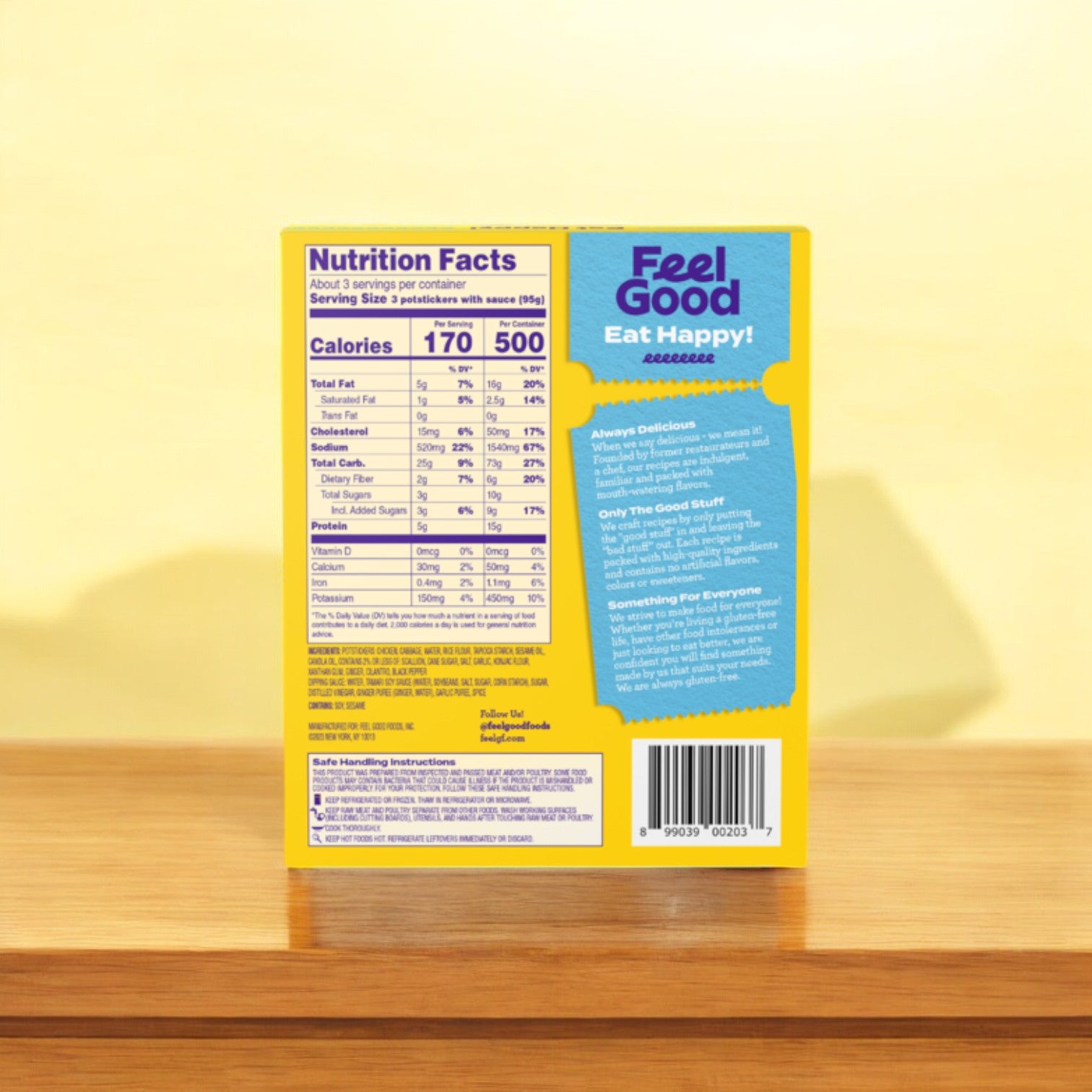 A box in yellow showcasing nutrition facts and marketing text on the back highlights calorie information and catchy phrases such as "Feel Good" and "Eat Happy." Savor the flavors of Asia with Gluten-Free Chicken Potstickers from Feel Good Foods, available in a 10 oz. package, with each purchase containing 3 total boxes.