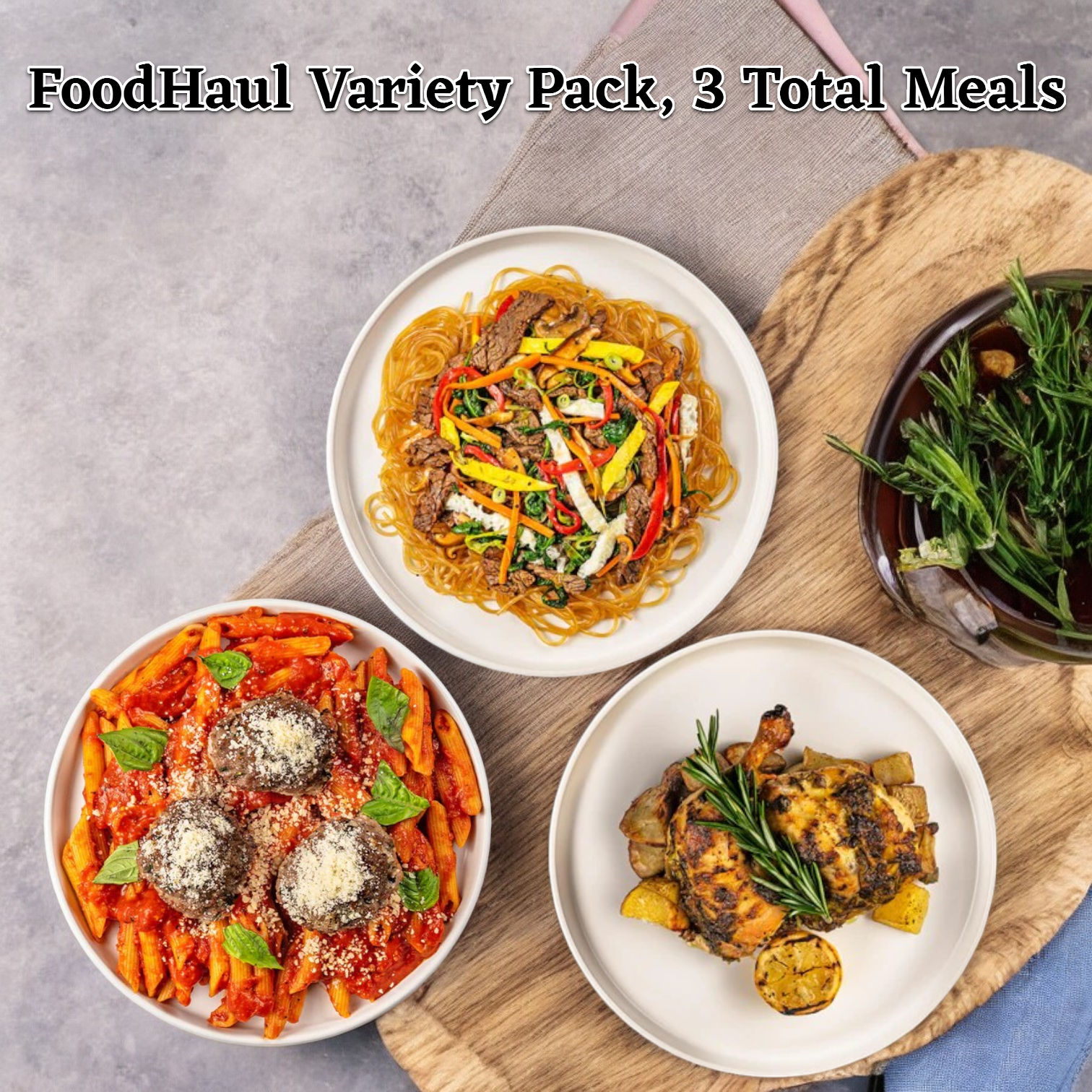 Three plated meals: Wagyu Penne with meatballs, roasted half brick chicken, and Korean flank steak are included in the "FoodHaul Variety Pack! 3 Total Meals" by FoodHaul.