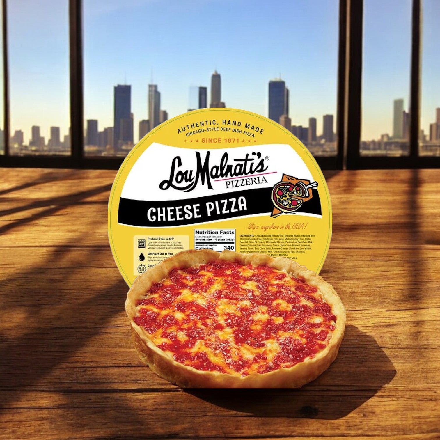 An Easy Lunches Chicago’s Best Combo Kit – Lou Malnati’s Deep Dish & Vienna Italian Beef sits on a table with the Chicago skyline visible through tall windows.