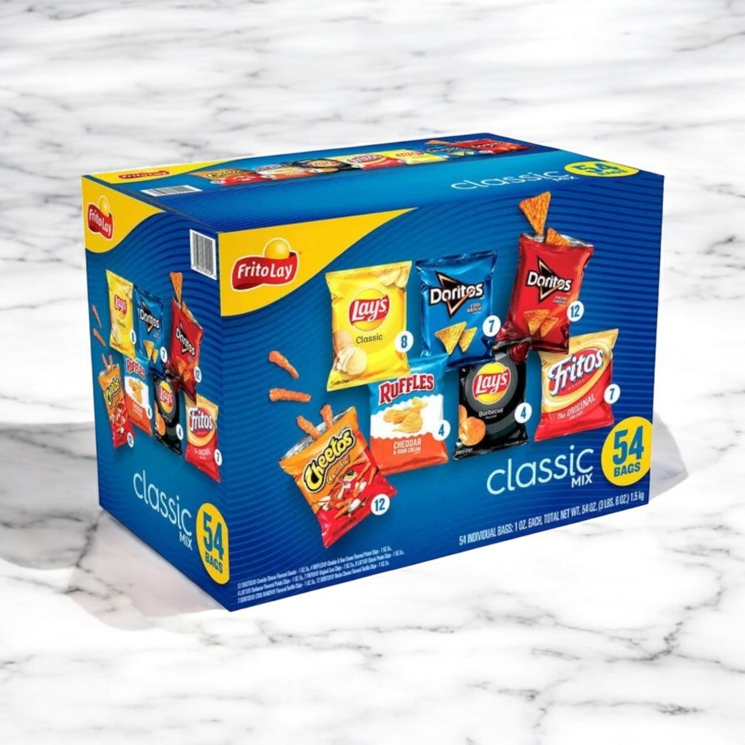 A Frito Lay Classic Mix variety pack, consisting of 54 one-ounce snack bags with popular brands like Lay's, Doritos, Cheetos, Ruffles, and Fritos, is displayed on a marble surface.