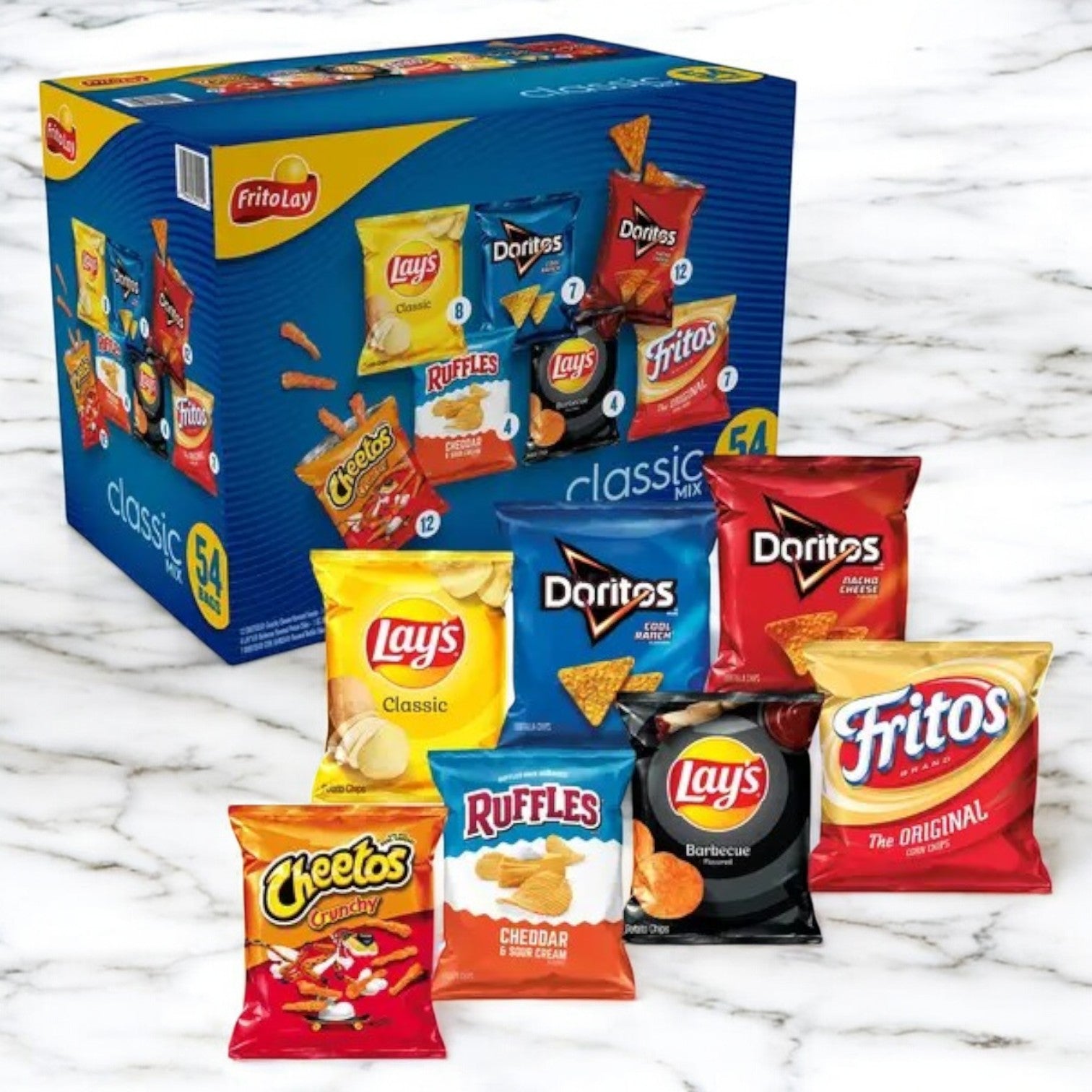 A Frito Lay Classic Mix, 1 oz Variety Pack featuring 54 snack packs, is beautifully arranged on a marble surface, showcasing an assortment from Lay's, Doritos, Cheetos, Ruffles, and Fritos.