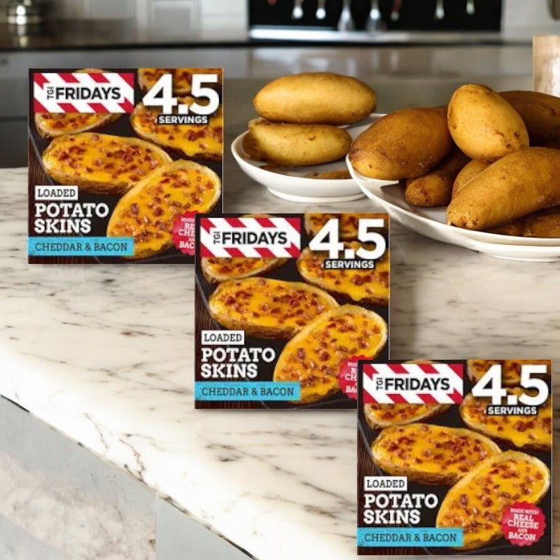 Three boxes of TGIF Fridays Loaded Cheddar & Bacon Potato Skins Value Size Frozen Snacks sit on a marble counter, while a white bowl filled with these savory potato skins completes the scene.